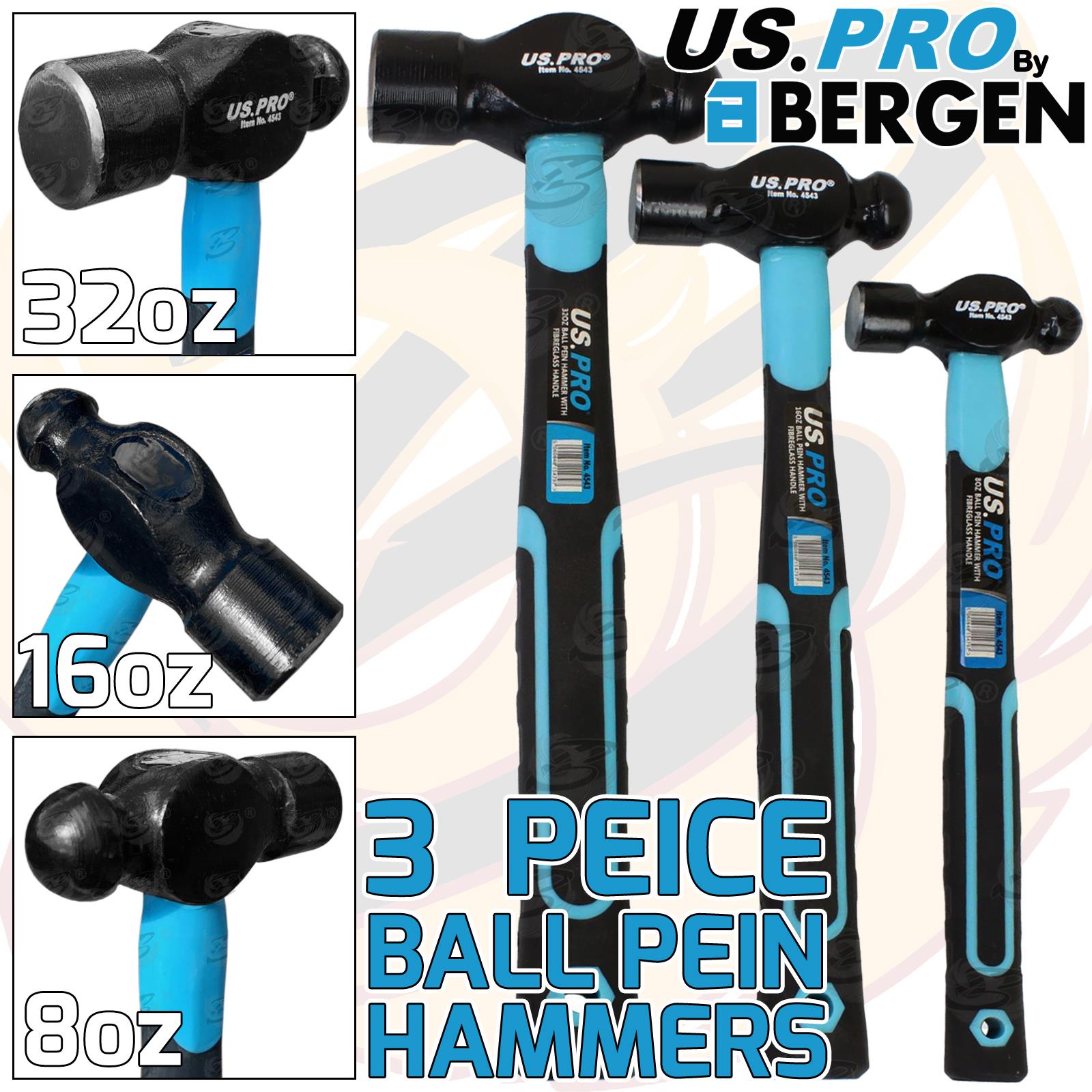 US PRO 3PCS BALL PEIN HAMMER SET 8OZ - 16OZ - 32OZ