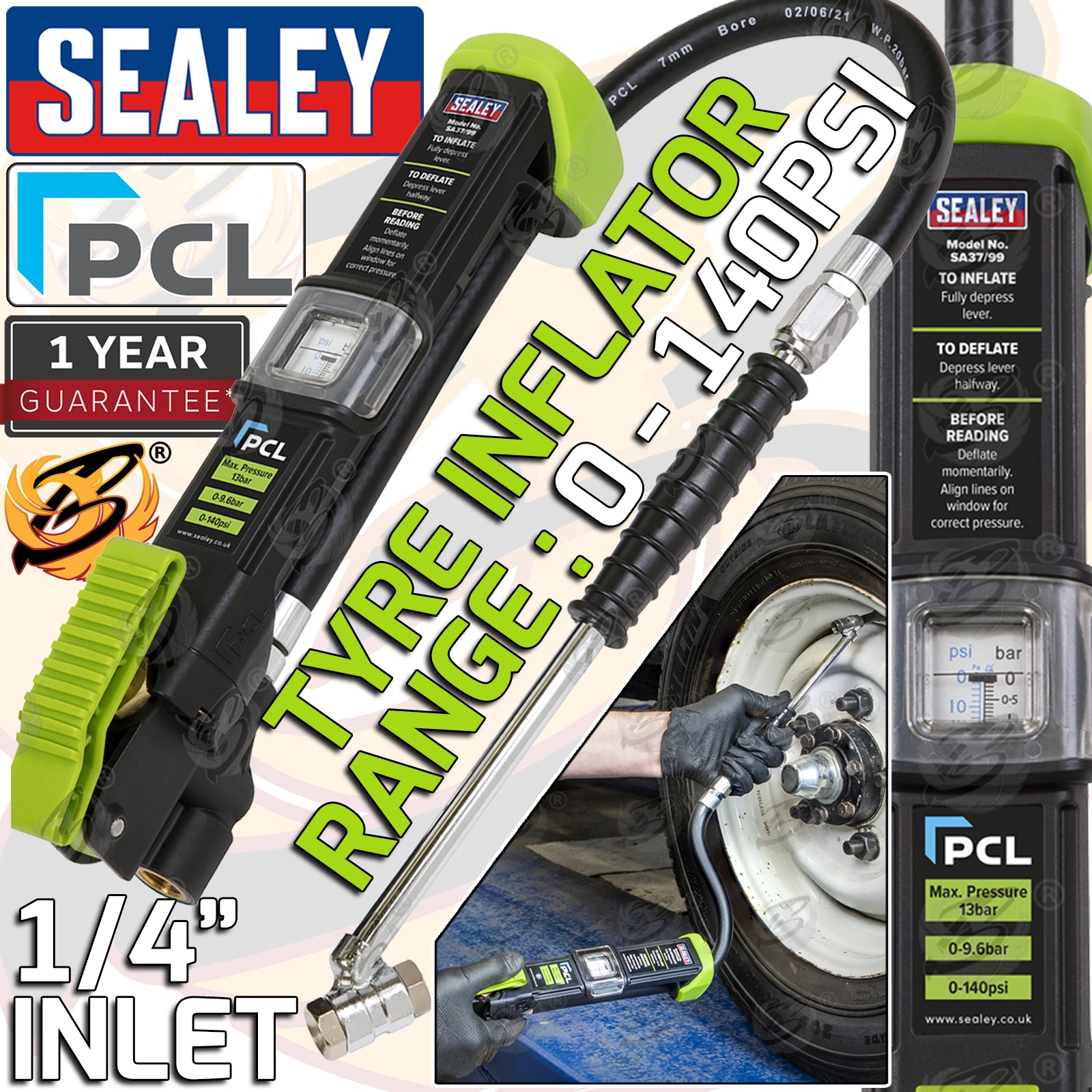 SEALEY PCL AIRLITE ECO TYRE INFLATOR WITH TWIN HOLD-ON CONNECTORS 0 - 140PSI