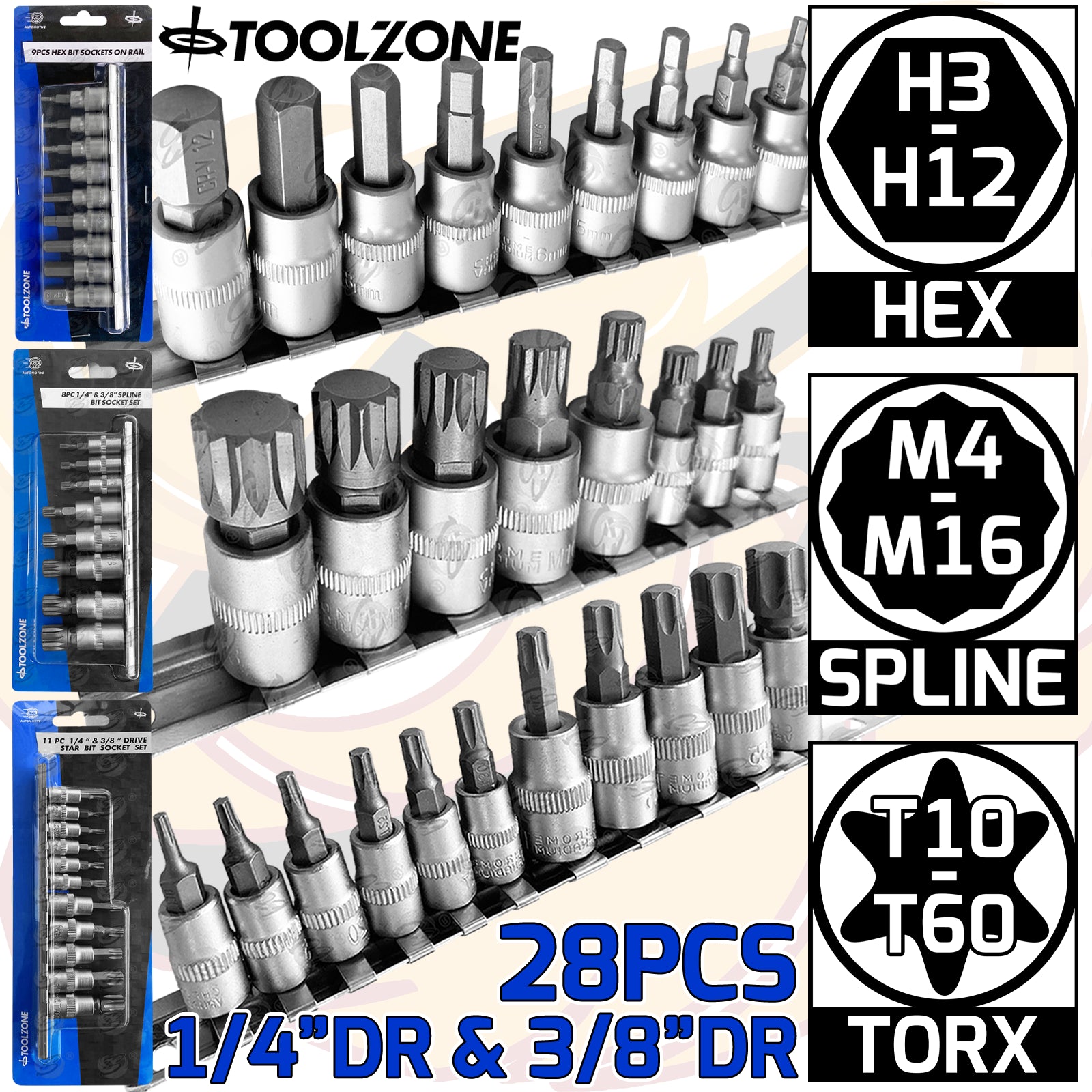 TOOLZONE 28PCS 1/4" & 3/8" DRIVE HEX - TORX - SPLINE BIT SOCKETS