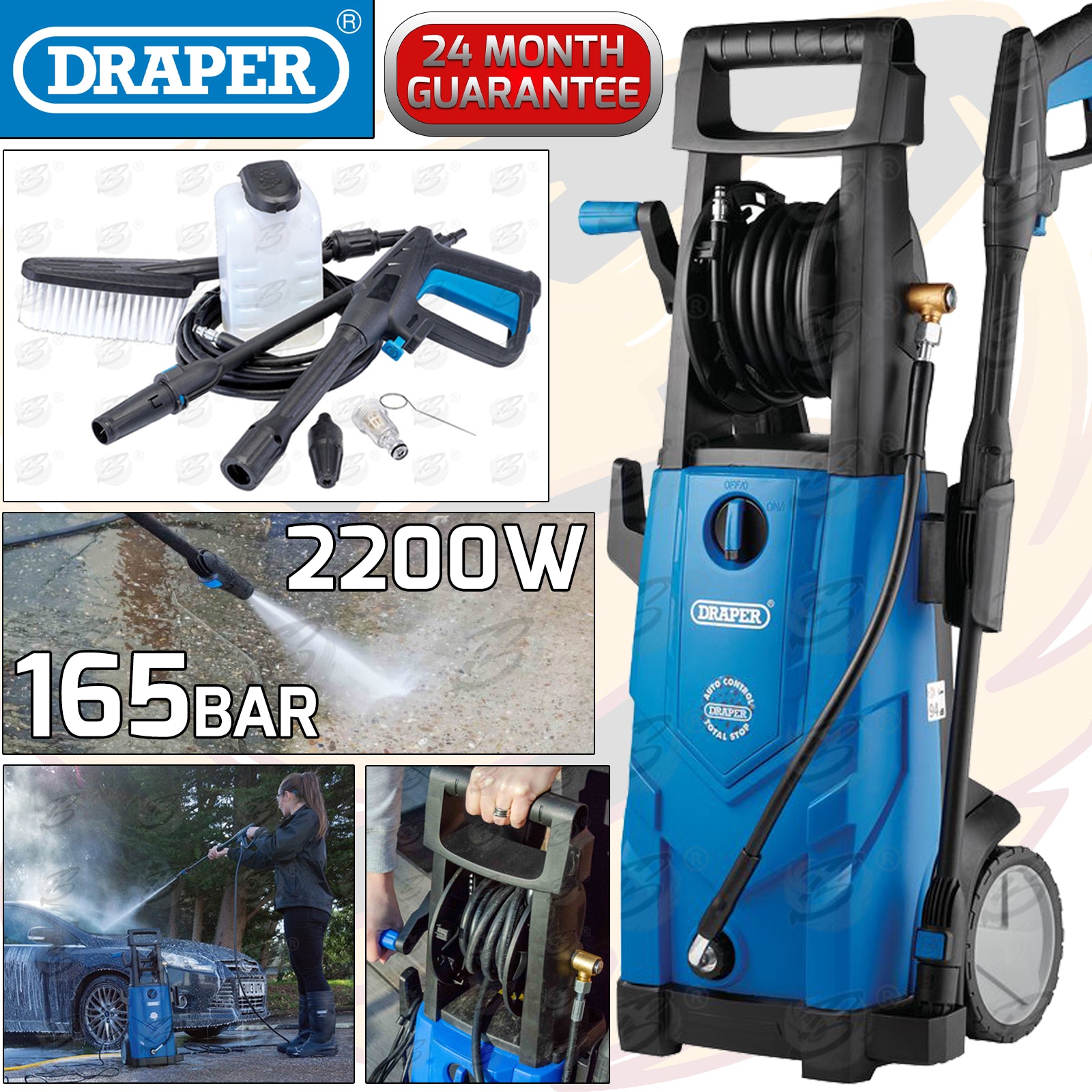 DRAPER 2200W 165 BAR PRESSURE WASHER / JET WASH WITH ACCESSORIES