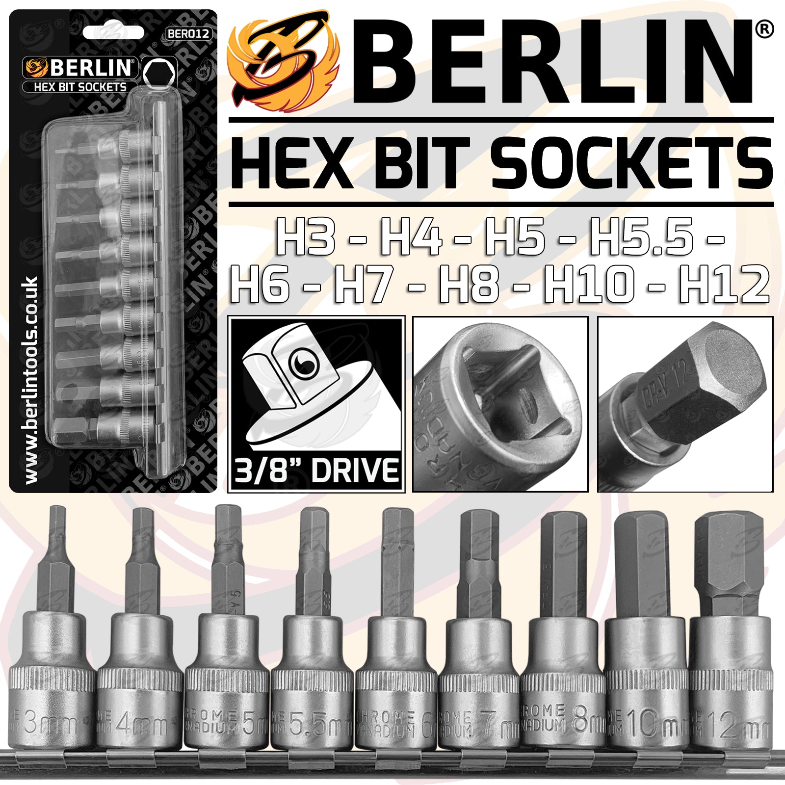 BERLIN 9PCS 3/8" DRIVE HEX BIT SOCKETS H3 - H12