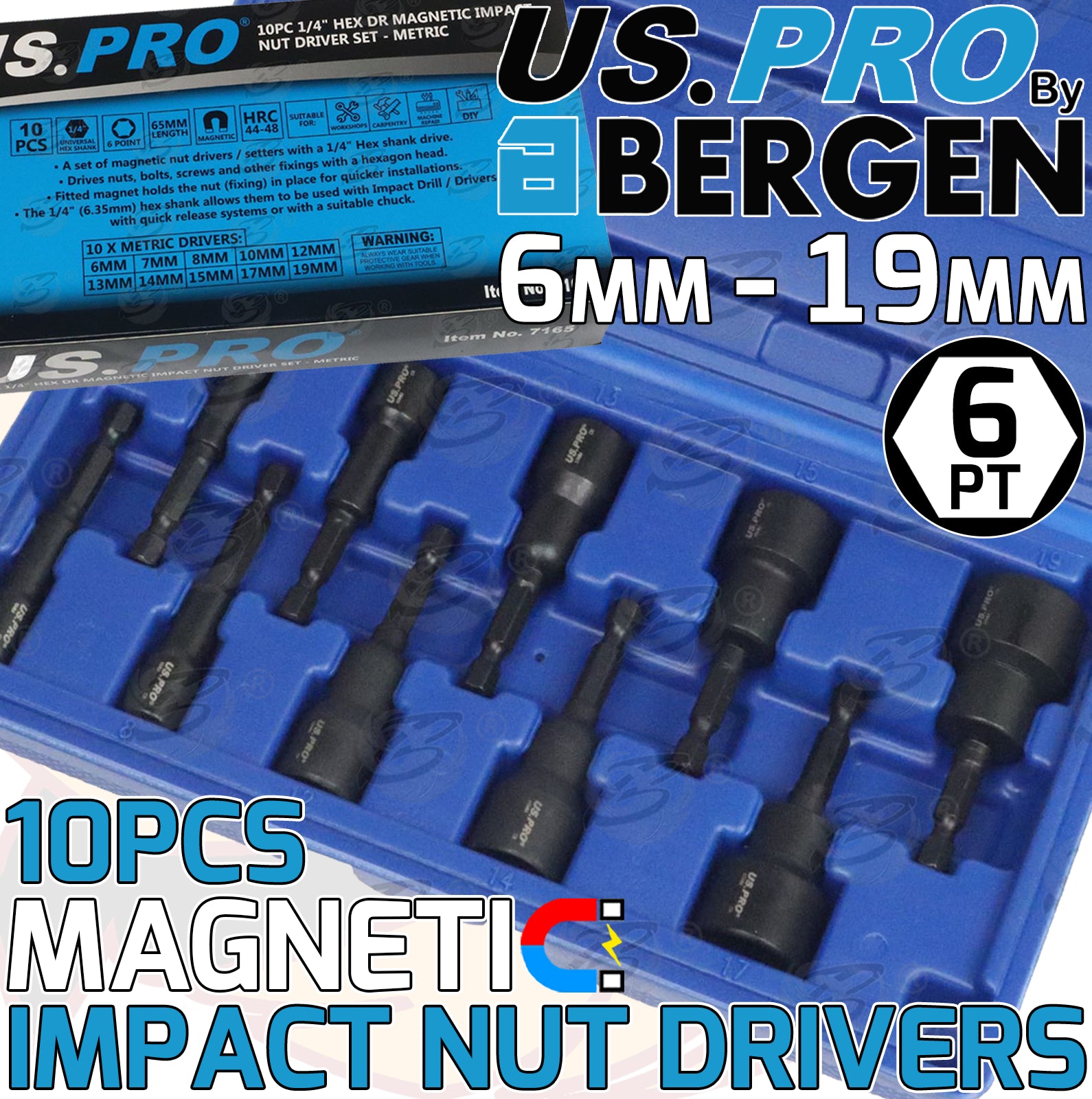 US PRO 10PCS MAGNETIC IMPACT NUT DRIVERS / RUNNERS ( 6MM - 19MM )
