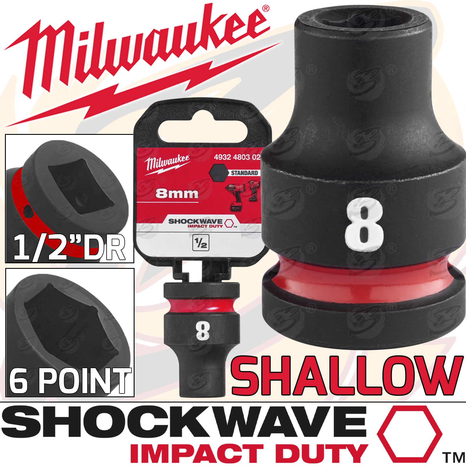MILWAUKEE 8MM 1/2" DRIVE 6 POINT SHALLOW IMPACT SOCKET ( SINGLE )