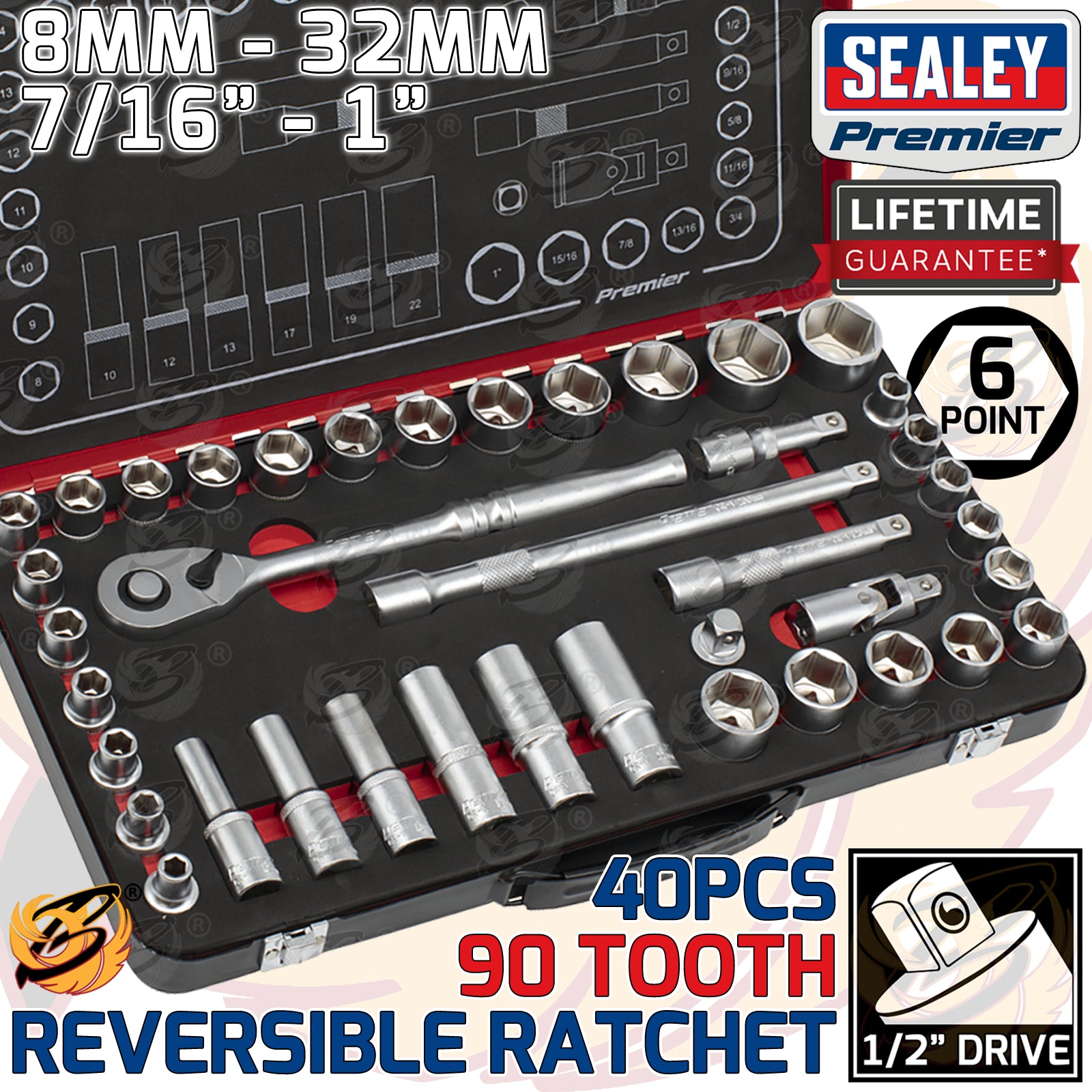 SEALEY 40PCS 1/2" DRIVE 6 POINT 90 TOOTH PREMIER PLATINUM SOCKET SET ( 8MM - 32MM & 7/16" - 1" )