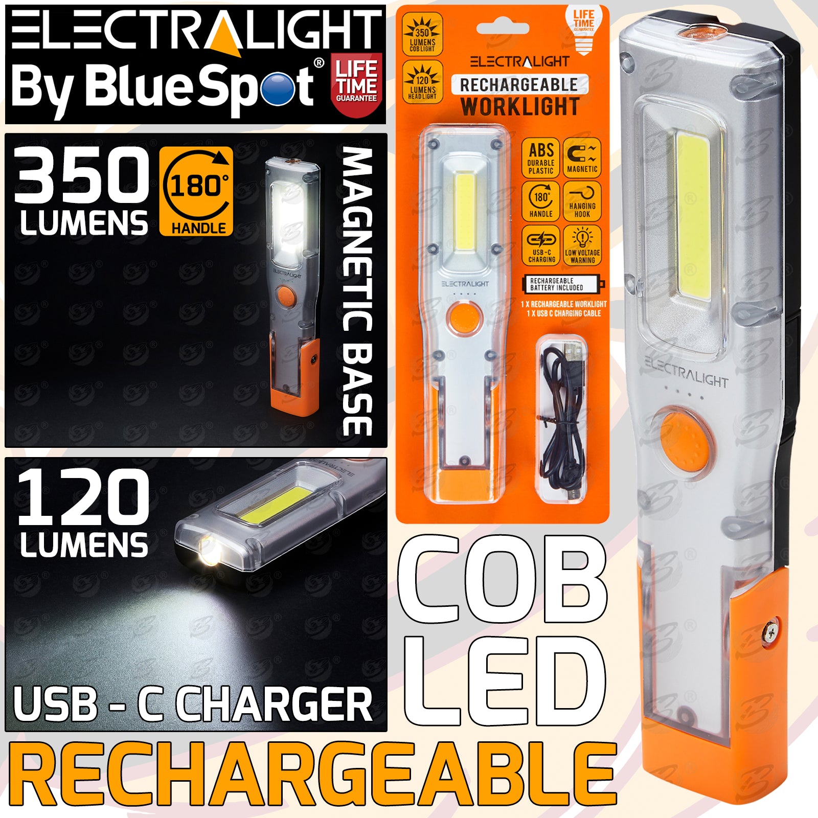 ELECTRALIGHT RECHARGEABLE COB LED LI - ION WORK LIGHT ( 350LM )