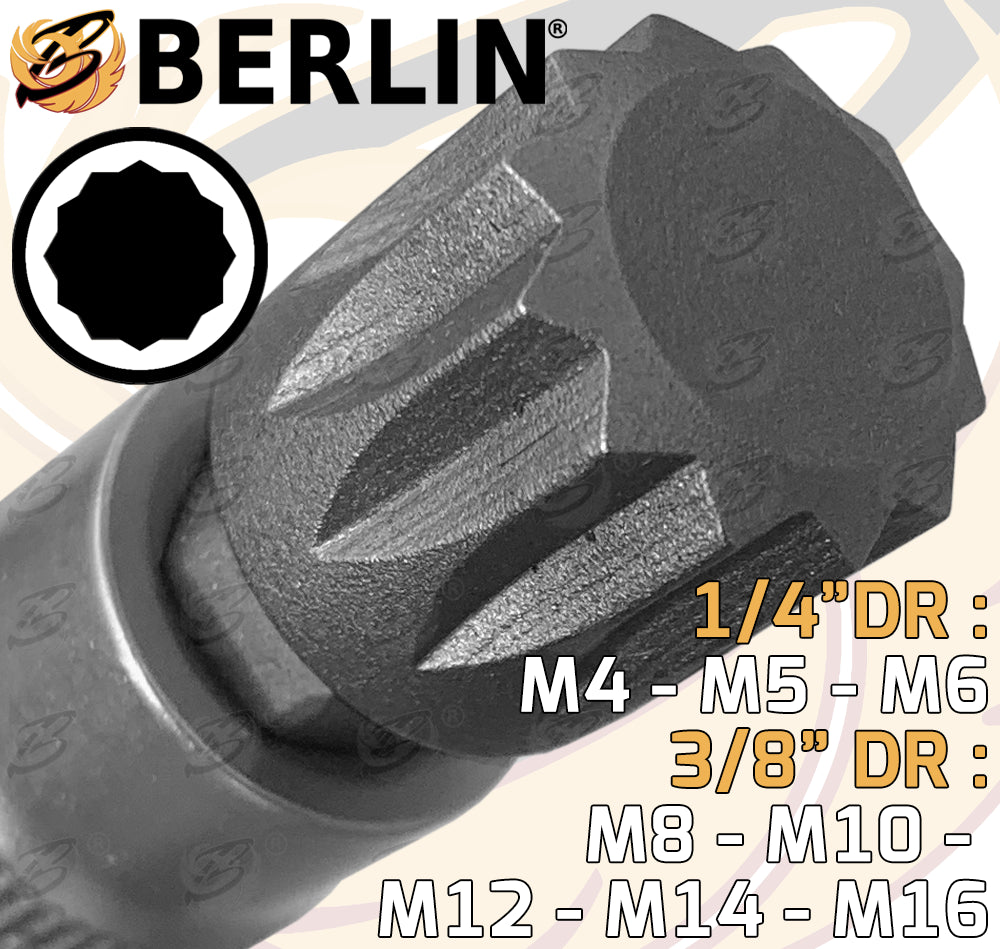 BERLIN 8PCS 1/4" & 3/8" DRIVE SPLINE BIT SOCKETS M4 - M16