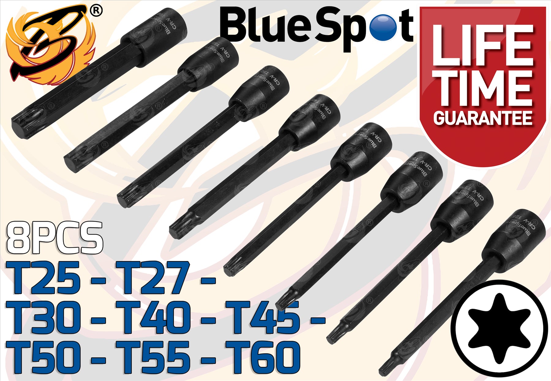 BLUESPOT 8PCS 3/8" DRIVE EXTRA LONG IMPACT TORX BIT SOCKETS T25 - T60