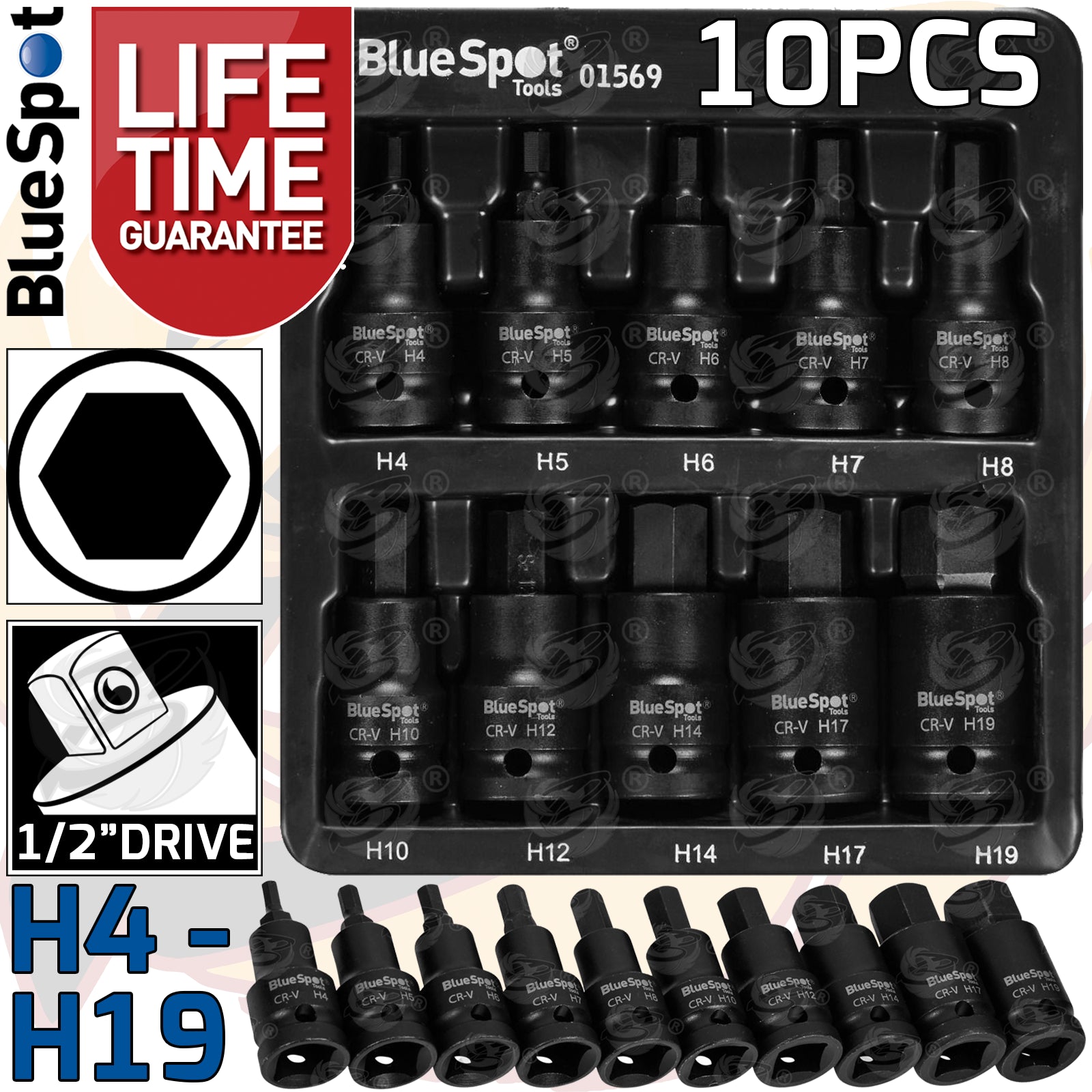 BLUESPOT 10PCS 1/2" DRIVE IMPACT HEX BIT SOCKETS H4 - H19