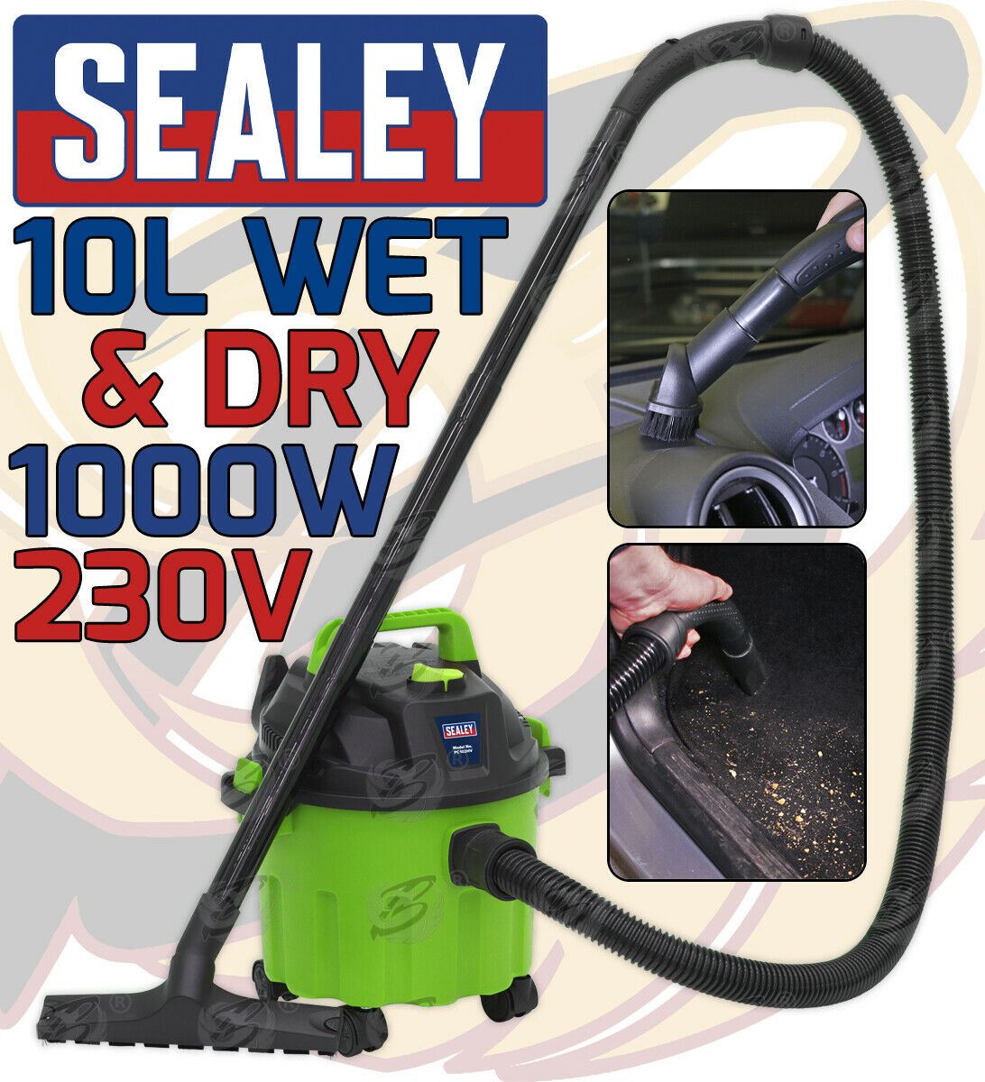 SEALEY WET AND DRY VACUUM CLEANER 10L 1000W / 240V WATER DIRT CARPET WASHER