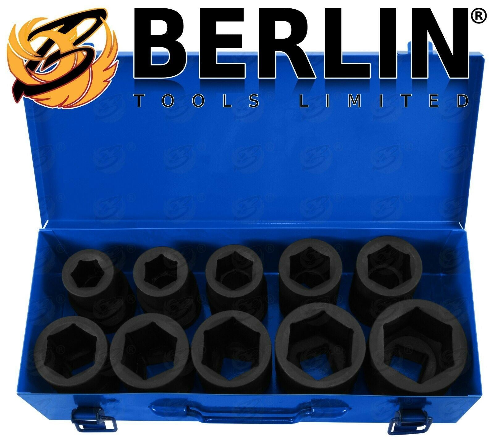 Open Berlin Tools 1 Inch Deep Impact Sockets Showing Tops Of Individual Sockets