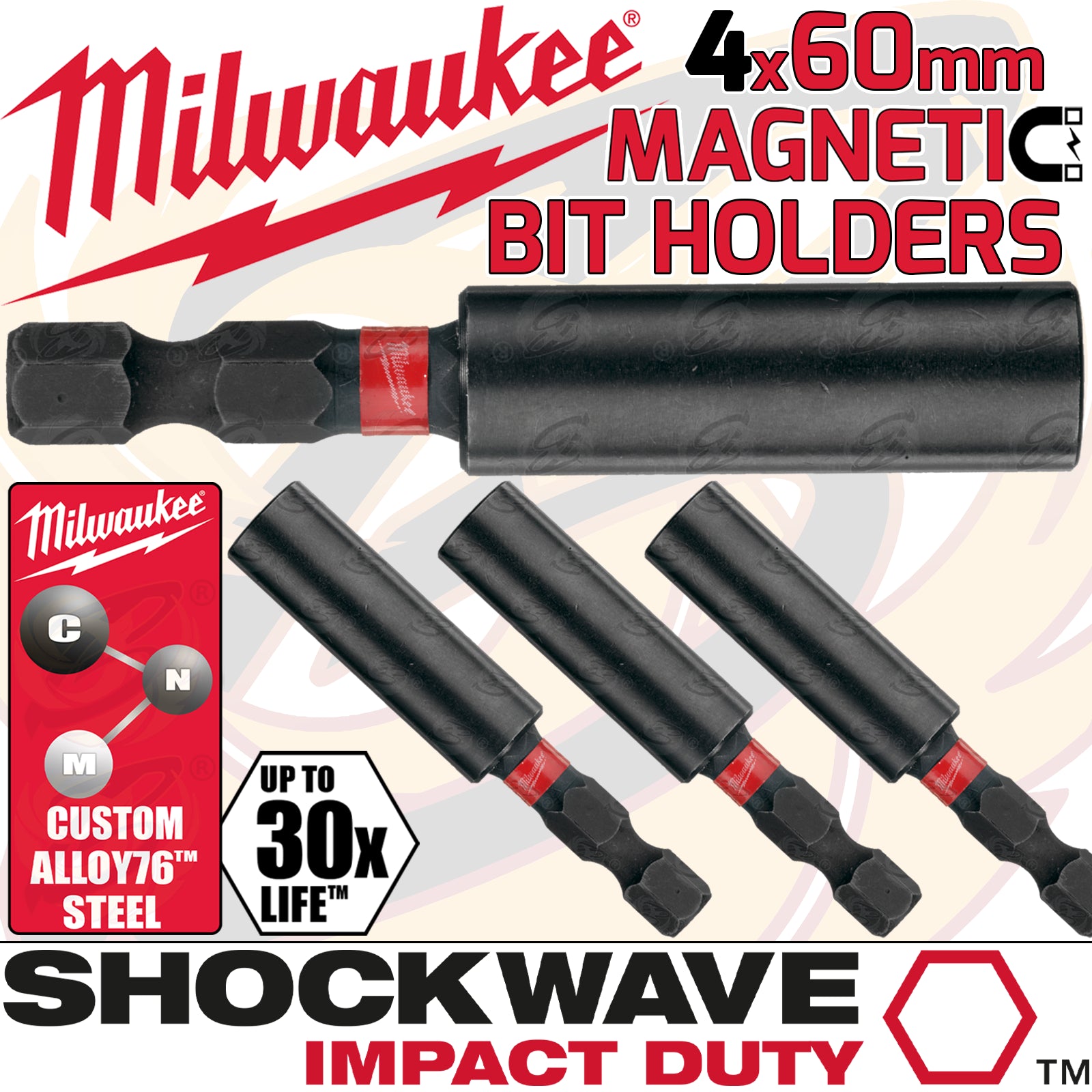 MILWAUKEE 60MM MAGNETIC BIT HOLDER ( SHOCKWAVE IMPACT DUTY ) ( X 4 )