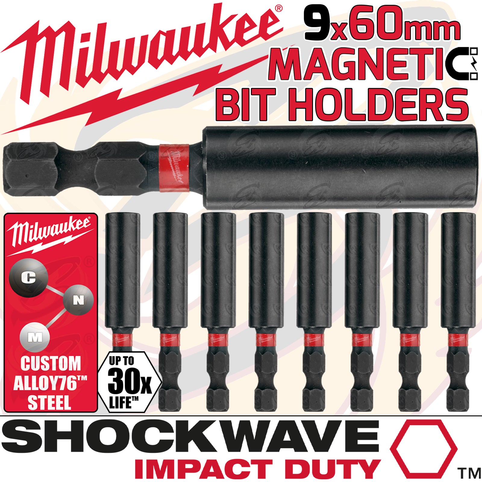 MILWAUKEE 60MM MAGNETIC BIT HOLDER ( SHOCKWAVE IMPACT DUTY ) ( X 9 )