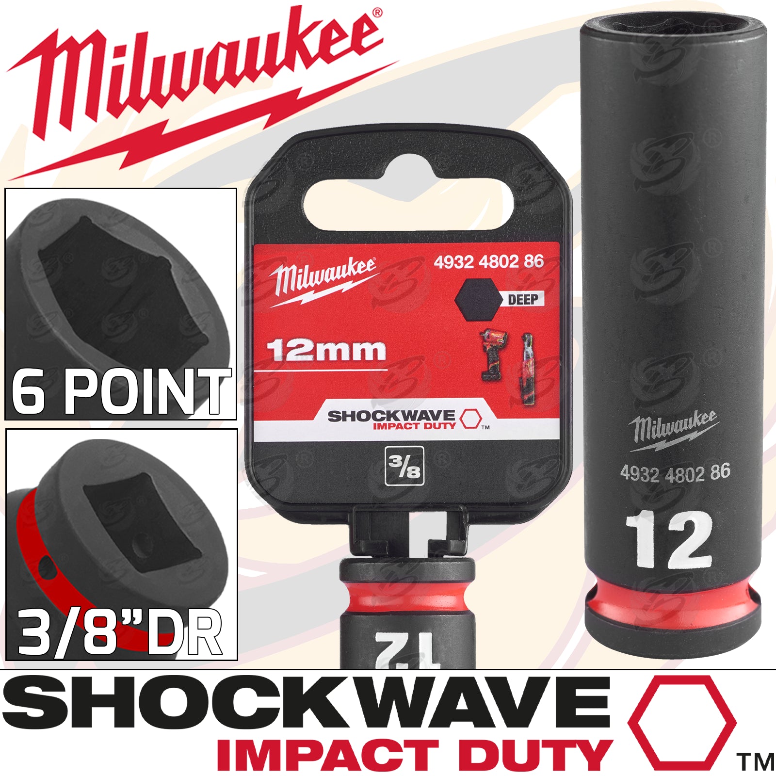 MILWAUKEE 12MM 3/8" DRIVE 6 POINT DEEP IMPACT SOCKET ( SINGLE )