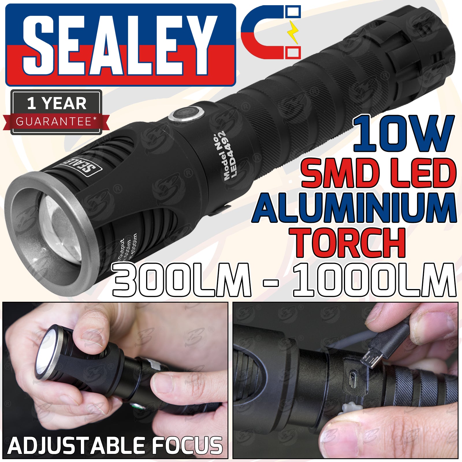 SEALEY RECHARGEABLE LI - ION SMD LED TORCH 10W 300LM - 1000LM
