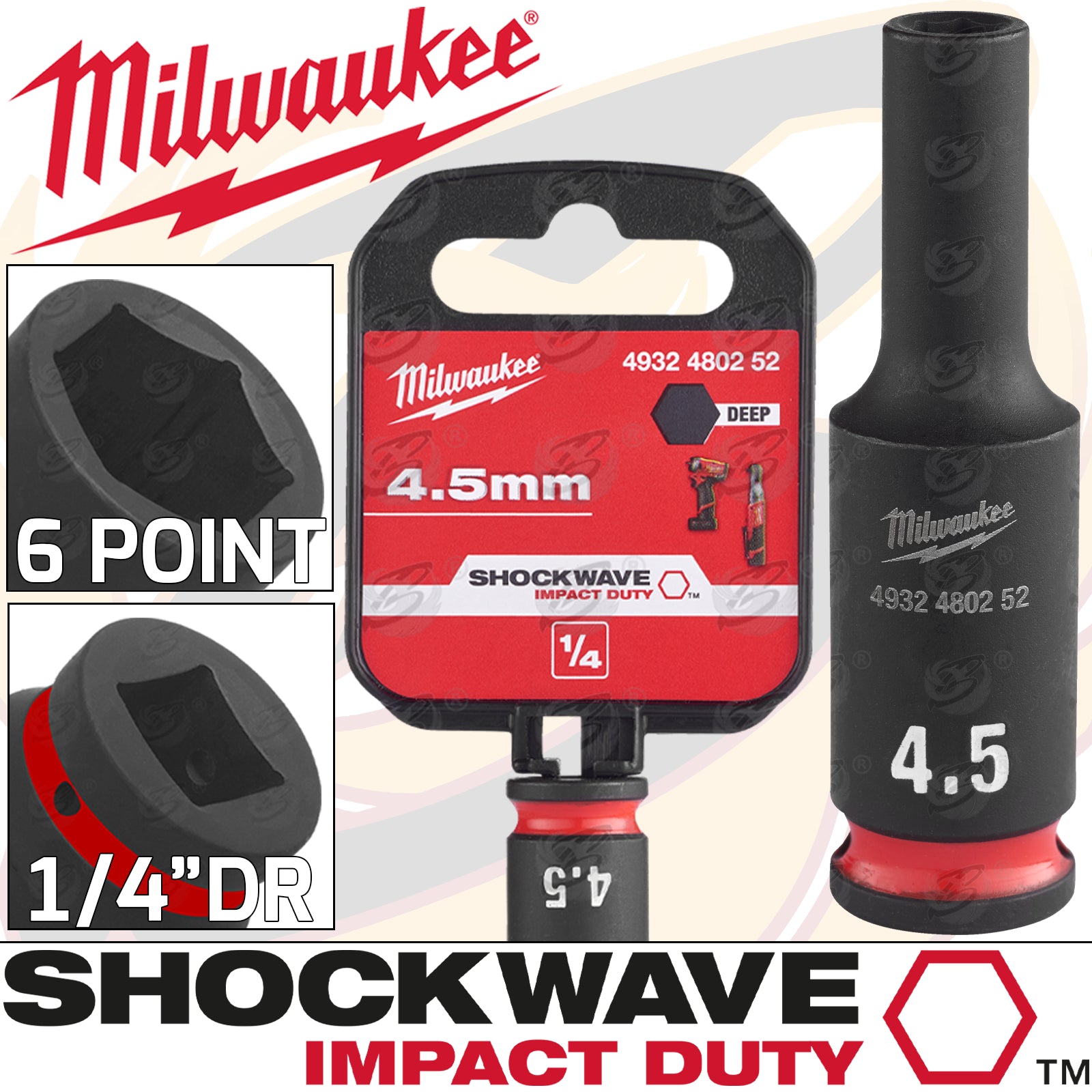 MILWAUKEE 4.5 MM 1/4" DRIVE 6 POINT DEEP IMPACT SOCKET ( SINGLE )