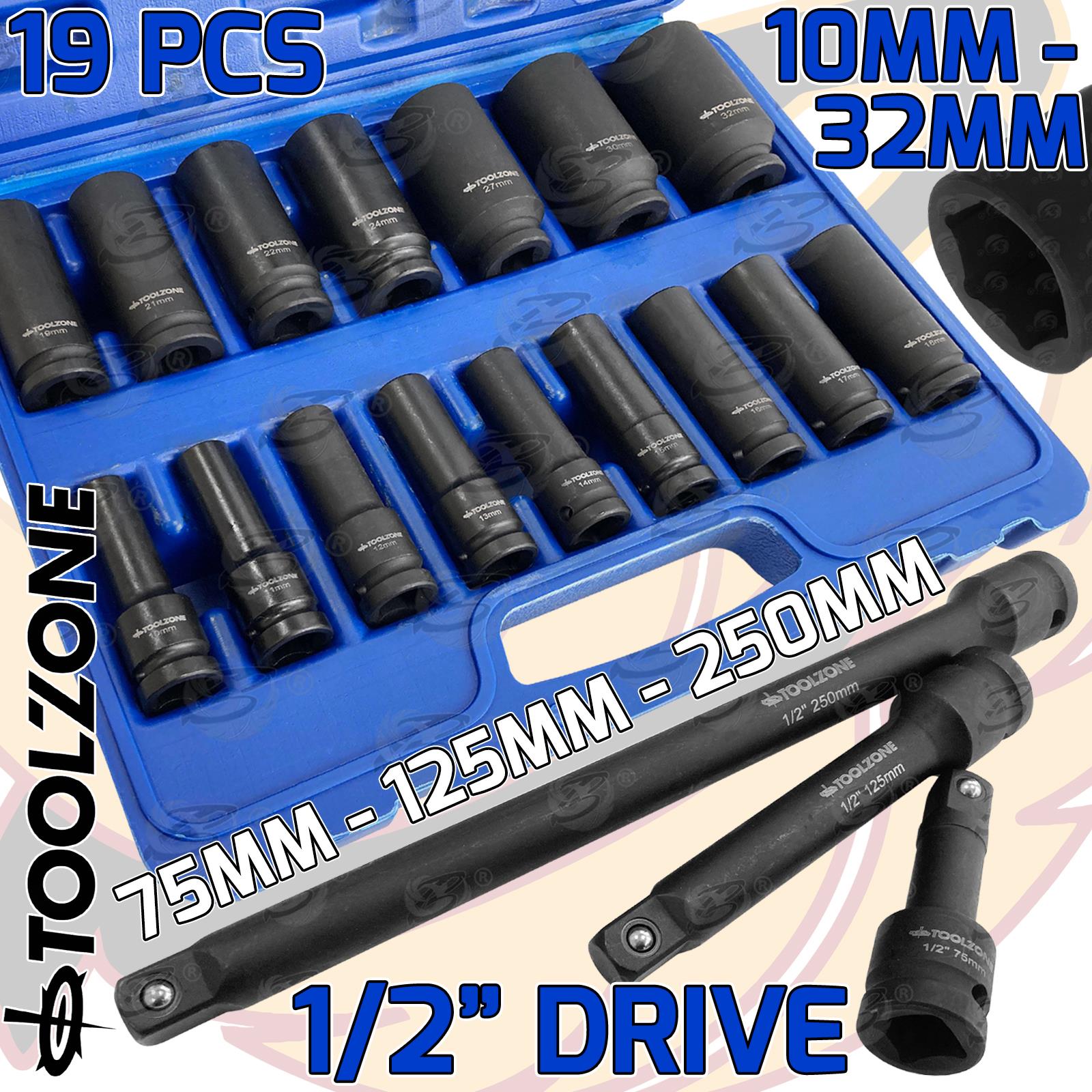 TOOLZONE 19PCS 1/2" DRIVE 6 POINT DEEP IMPACT SOCKETS & EXTENSIONS 10MM - 32MM