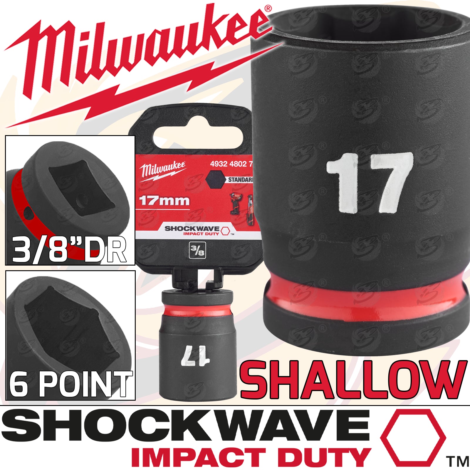 MILWAUKEE 17MM 3/8" DRIVE 6 POINT SHALLOW IMPACT SOCKET ( SINGLE )