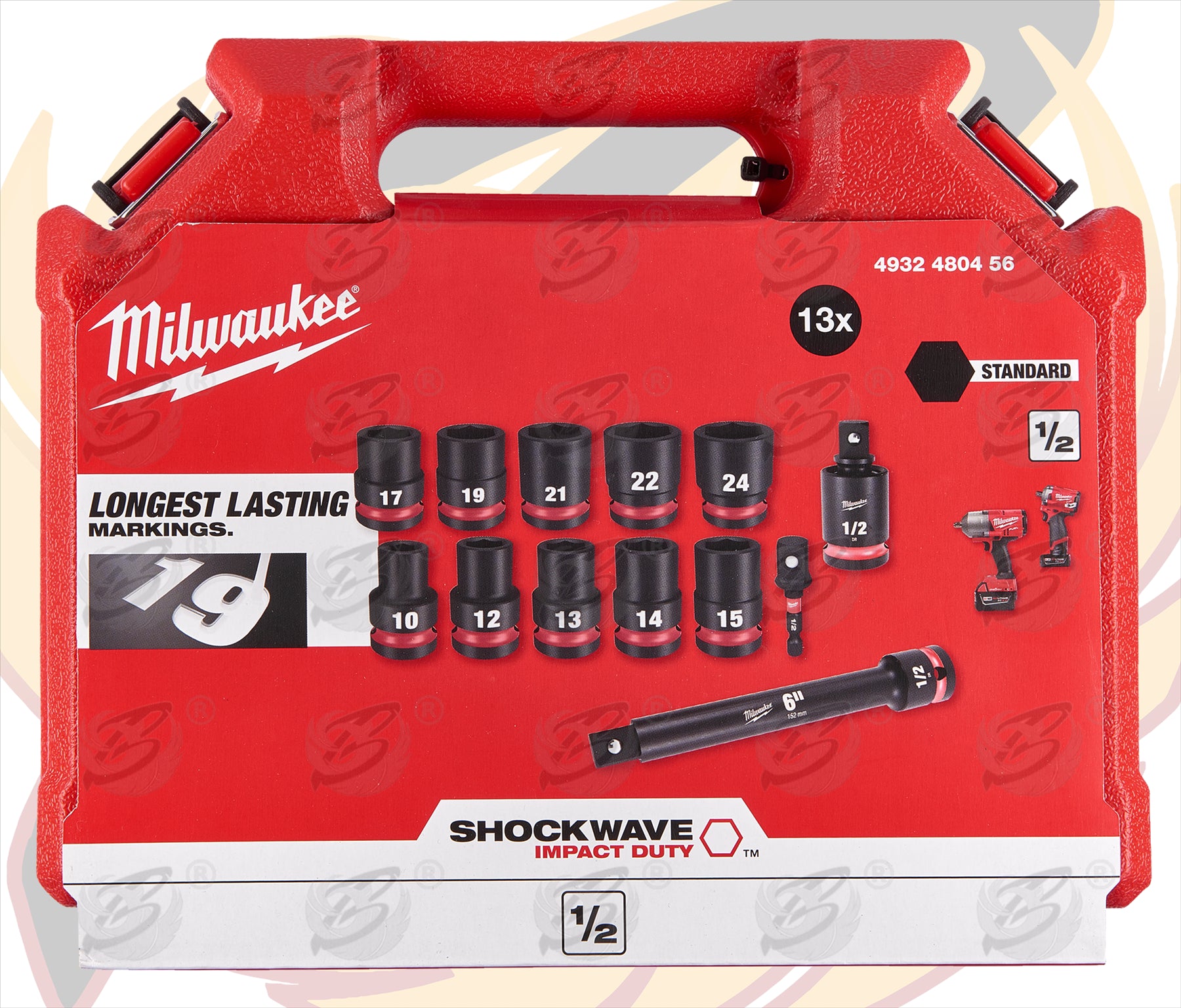 MILWAUKEE 13PCS 1/2" DRIVE 6 POINT SHALLOW IMPACT SOCKETS & ADAPTER SET 10MM - 24MM ( SHOCKWAVE IMPACT DUTY )