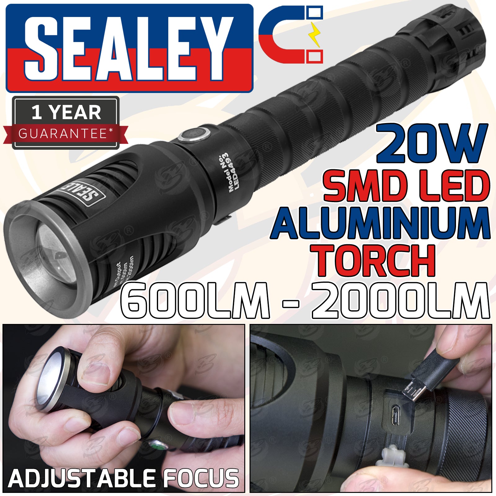 SEALEY RECHARGEABLE LI - ION SMD LED TORCH 20W 600LM - 2000LM
