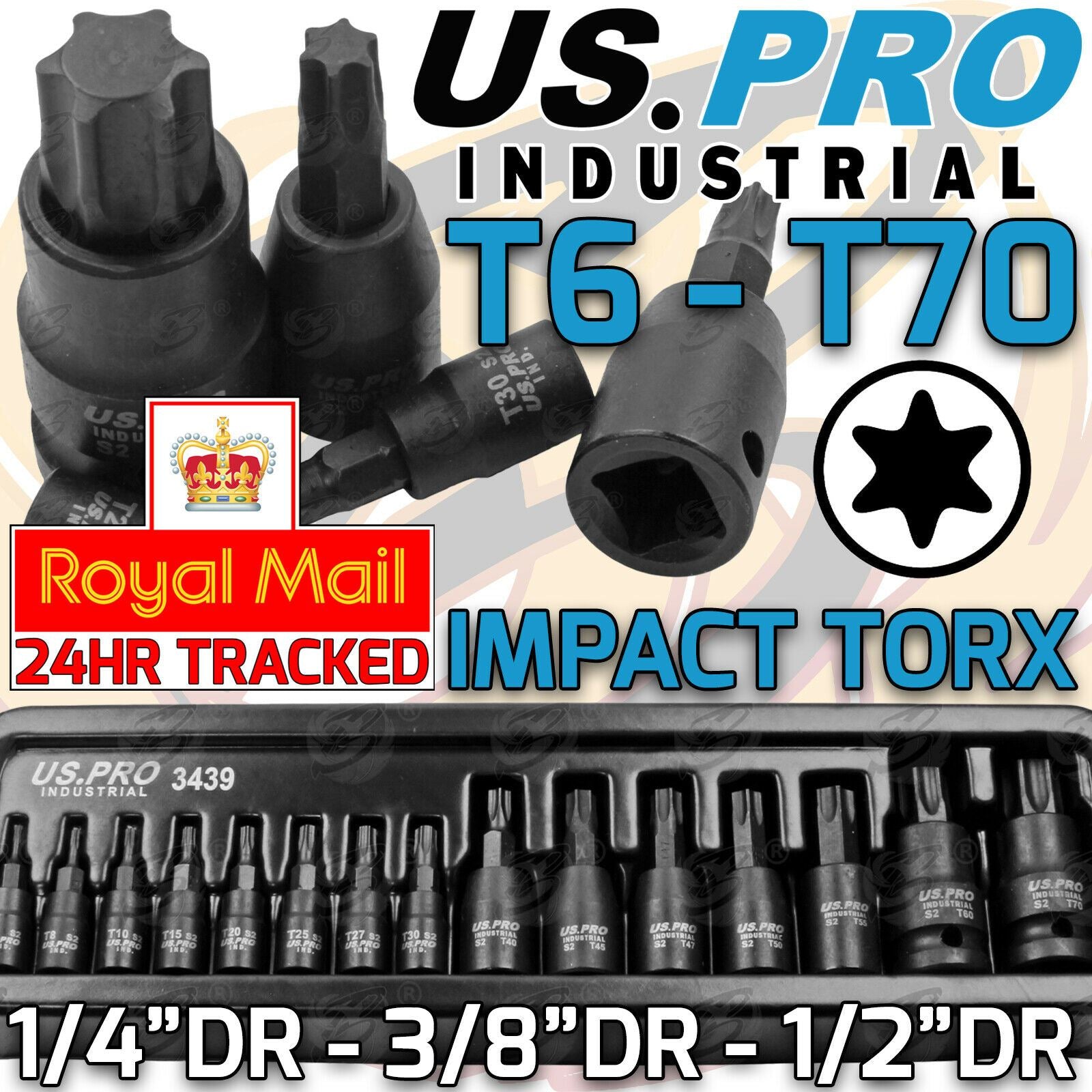 US PRO INDUSTRIAL 15PCS 1/4" & 3/8" & 1/2" DRIVE IMPACT TORX BIT SOCKETS T6 - T70
