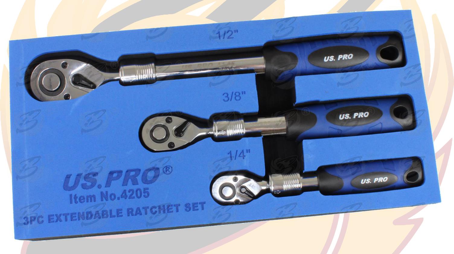 US PRO 3PCS 1/4" & 3/8" & 1/2" DRIVE 72 TOOTH EXTENDABLE RATCHET HANDLES