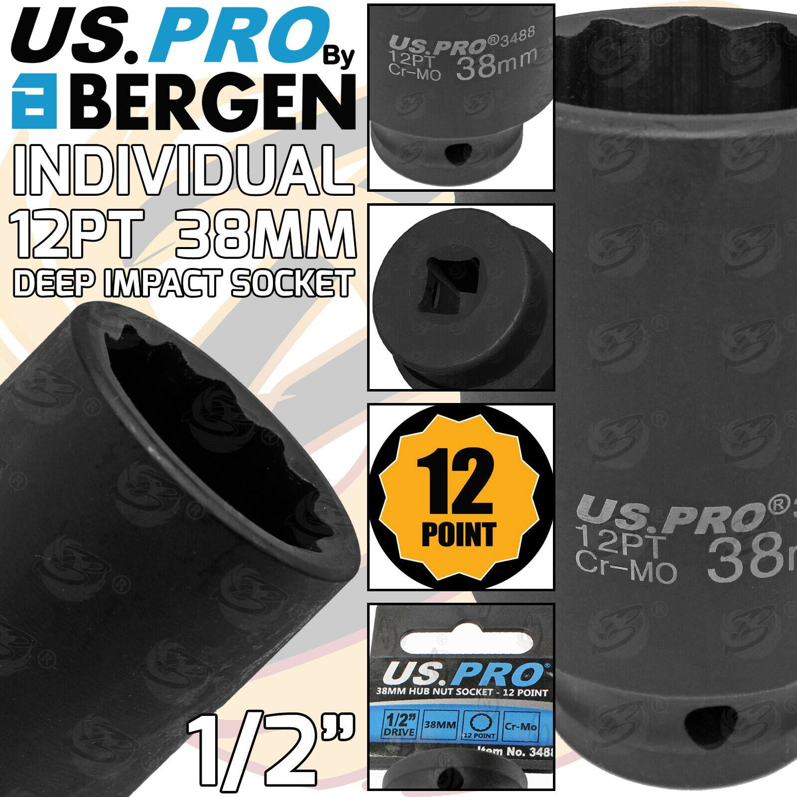 US PRO 38MM 1/2" DRIVE 12 POINT DEEP IMPACT SOCKET ( SINGLE )