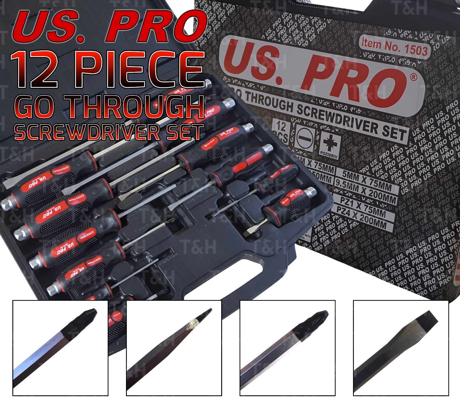 US PRO 12PCS MAGNETIC GO THROUGH SCREWDRIVERS ( SLOTTED - POZIDRIVE )US PRO 12PCS MAGNETIC SCREWDRIVER SET ( SLOTTED - POZIDRIVE )