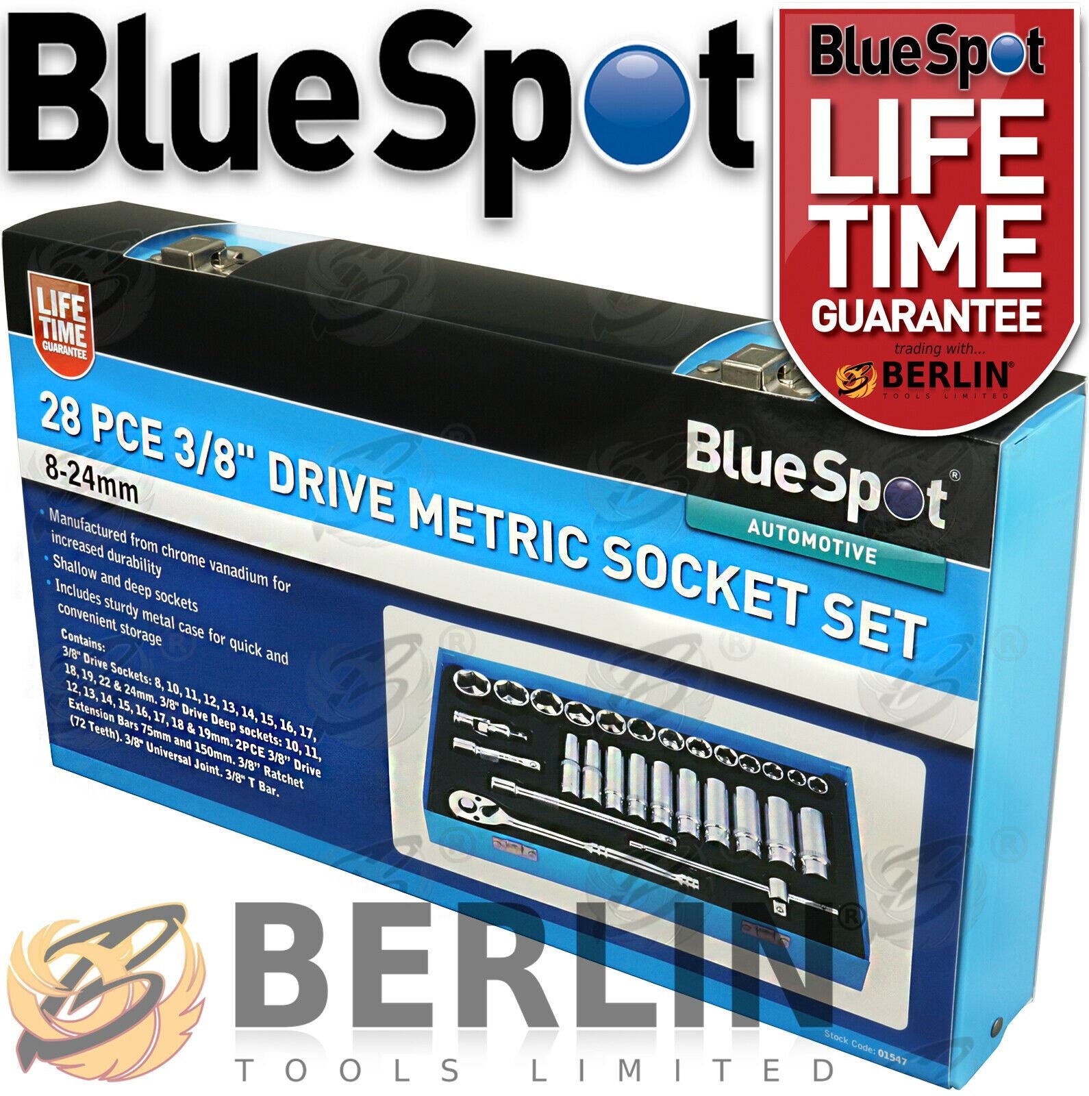 BLUESPOT 28PCS 3/8" DRIVE 6 POINT SOCKET SET 8MM - 24MM