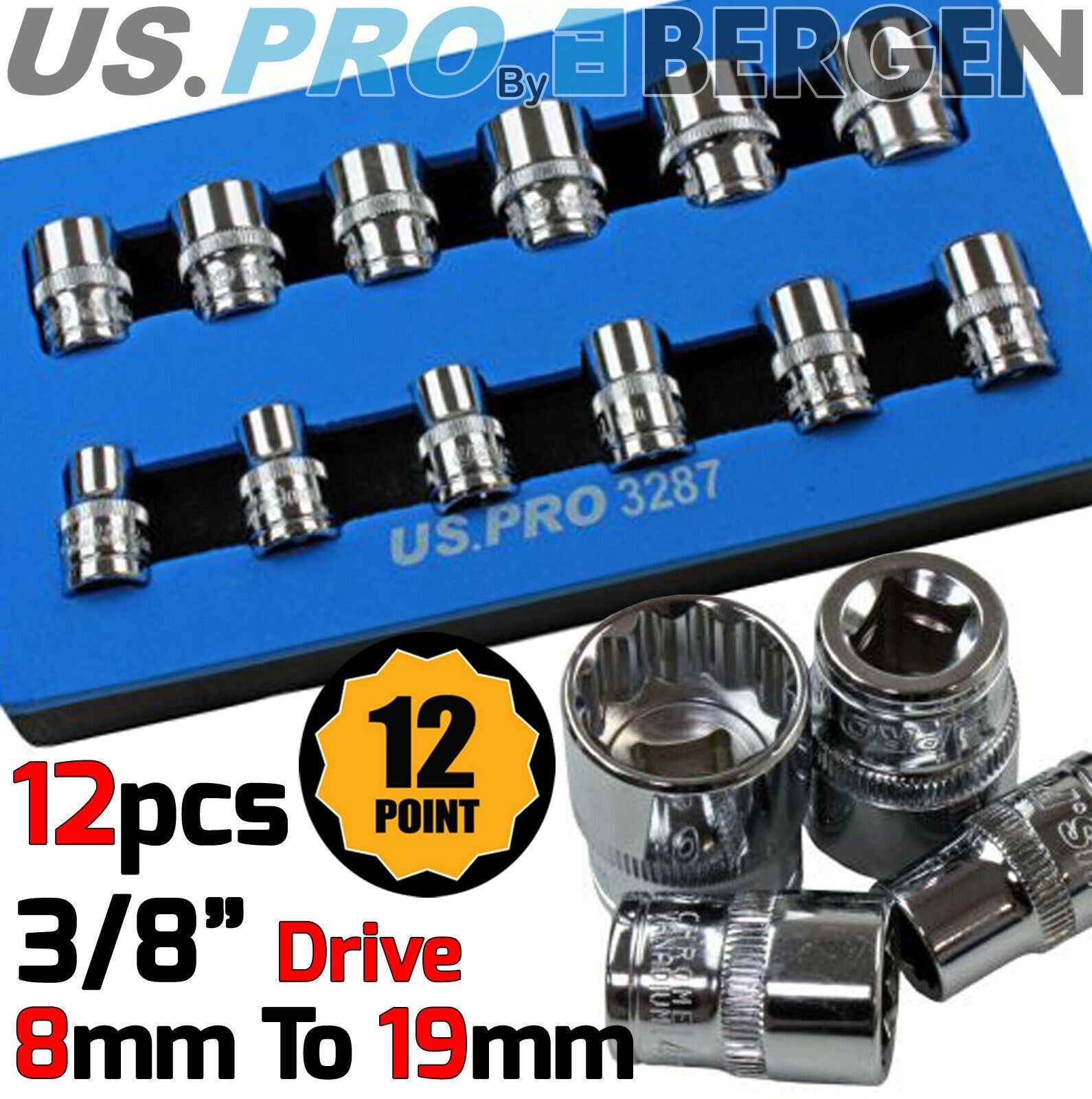 US PRO 12PCS 3/8" DRIVE 12 POINT SHALLOW SOCKETS 8MM - 19MM