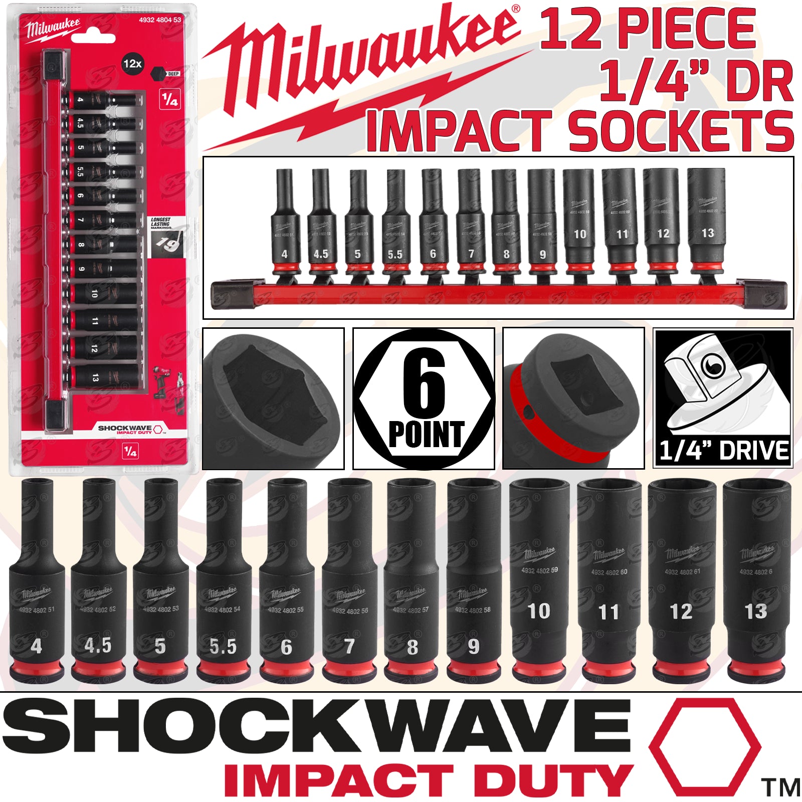 MILWAUKEE 12PCS 1/4" DRIVE 6 POINT DEEP IMPACT SOCKETS 4MM - 13MM ( SHOCKWAVE IMPACT DUTY )