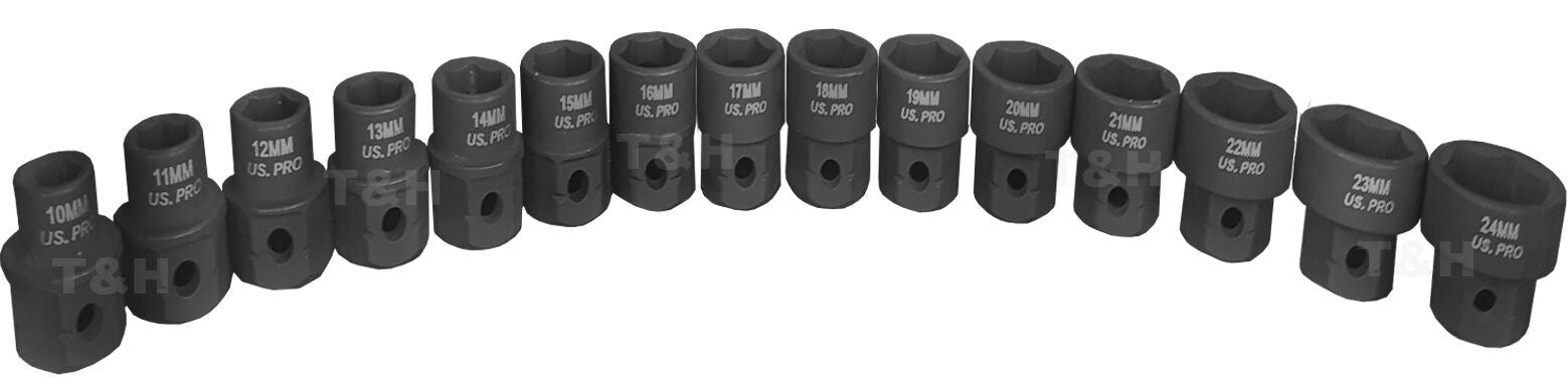 US PRO 15PCS 1/2" DRIVE 6 POINT SHALLOW IMPACT SOCKETS 10MM - 24MM