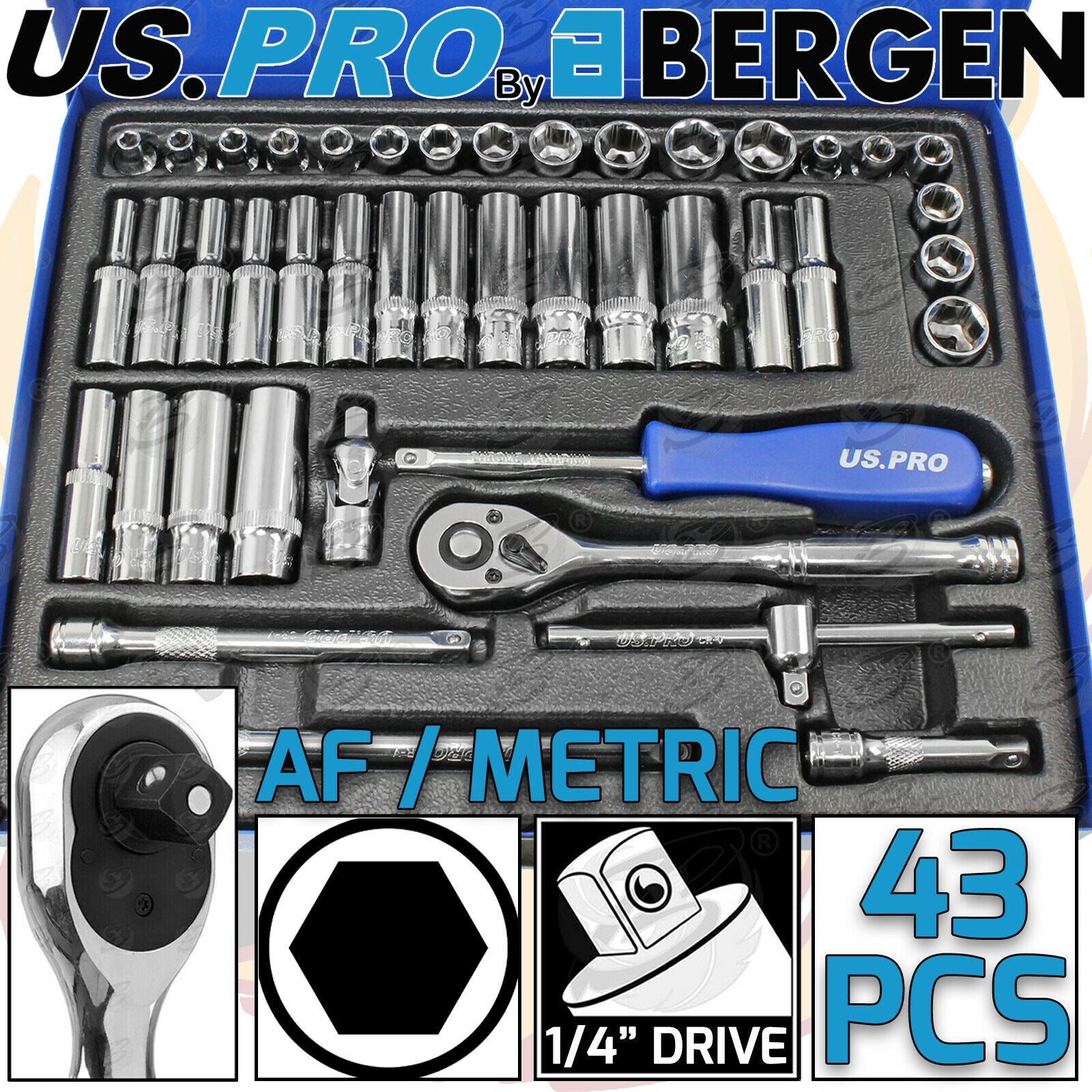 US PRO 42PC 1/4" DRIVE METRIC & AF SOCKET SET