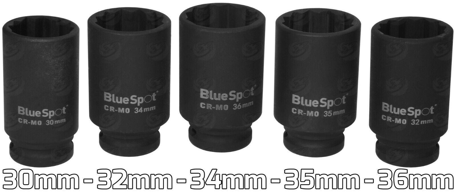 BLUESPOT 5PCS 1/2" DRIVE 12 POINT DEEP IMPACT SOCKETS 30MM - 36MM