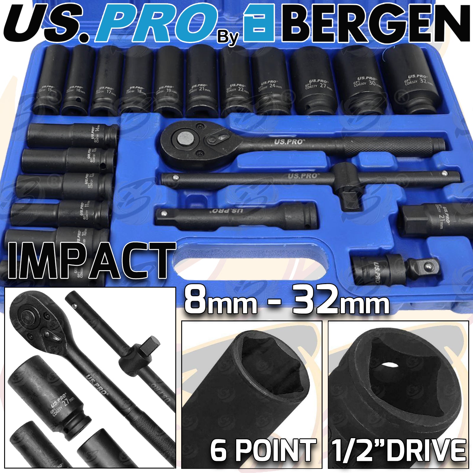 US PRO 22PCS 1/2" DRIVE 6 POINT DEEP IMPACT SOCKET SET 8MM - 32MM