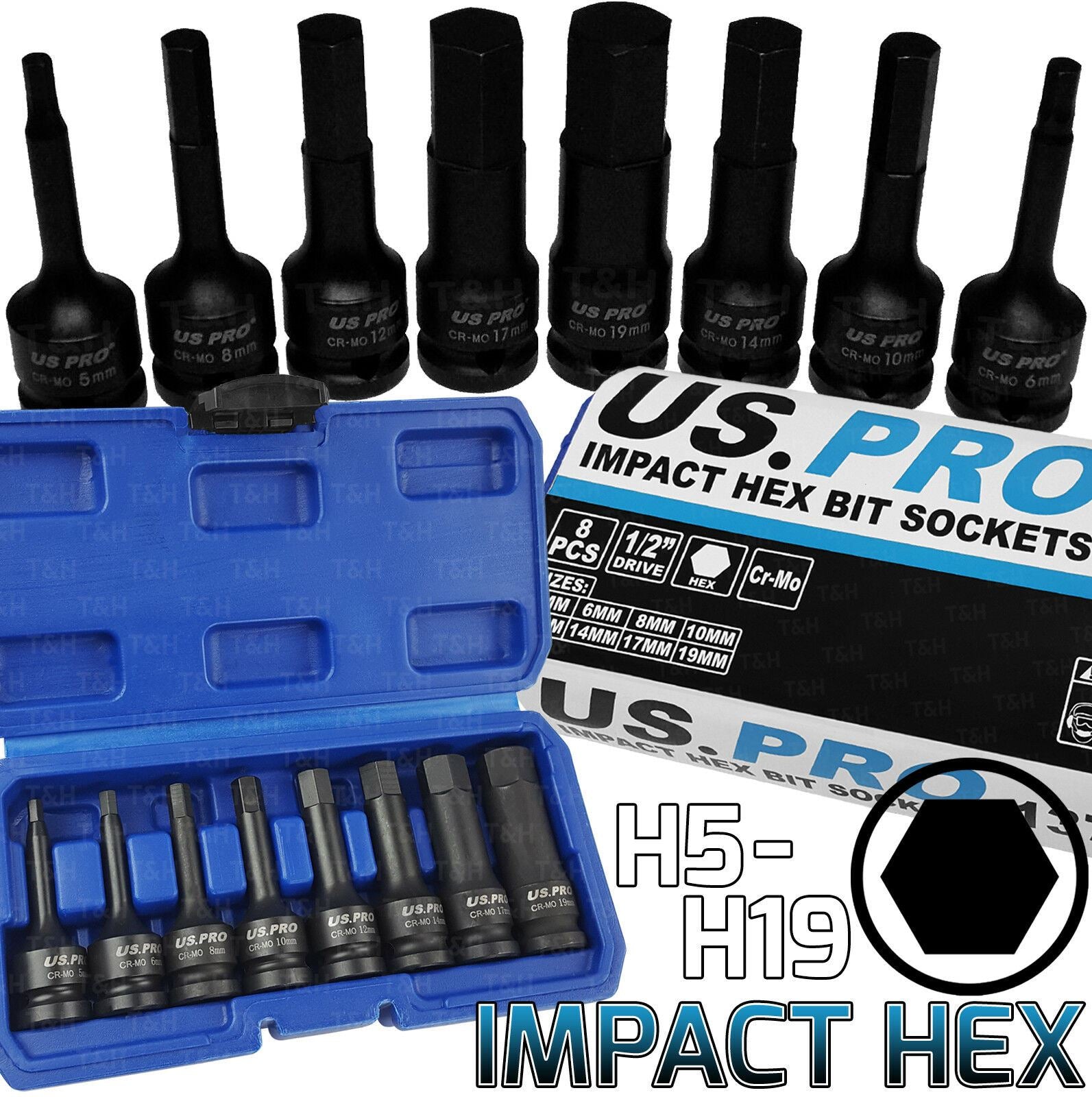 US PRO 8PCS 1/2" DRIVE IMPACT HEX BIT SOCKET SET H5 - H19