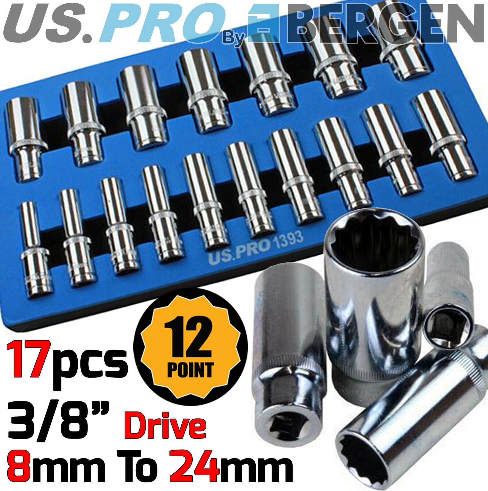 US PRO 17PCS 3/8" DRIVE 12 POINT DEEP SOCKETS 8MM - 24MM