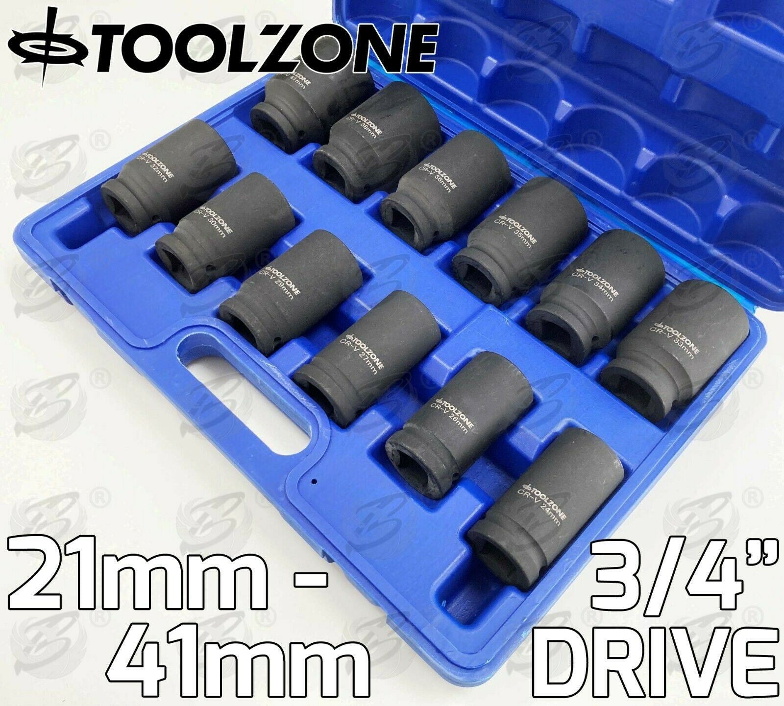 TOOLZONE 12PCS 3/4" DRIVE 6 POINT DEEP IMPACT SOCKETS 24MM - 41MM