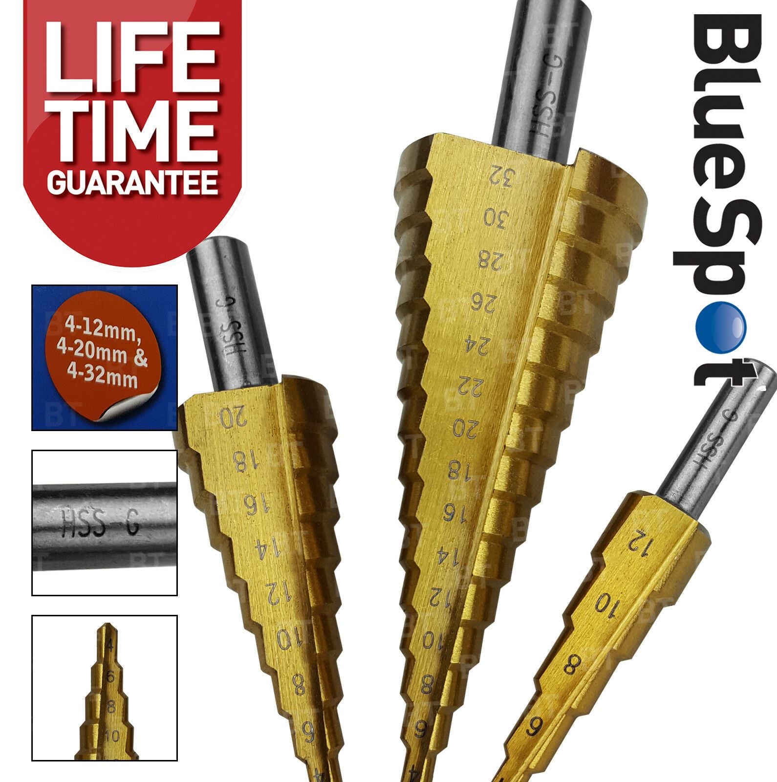 BLUESPOT 3PCS HSS TITANIUM COATED STEP DRILLS 4MM - 32MM