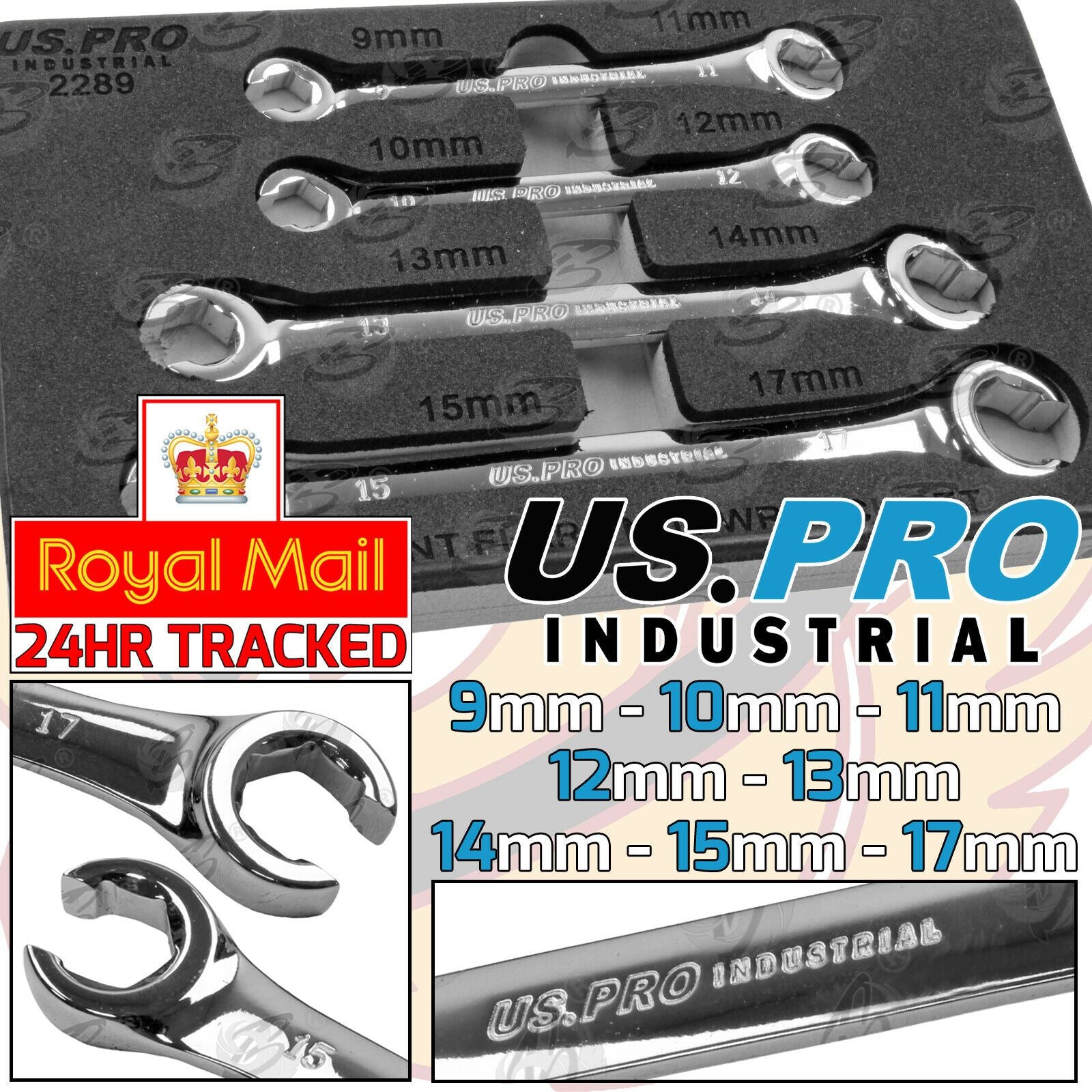 US PRO INDUSTRIAL 4PCS 6 POINT FLARE NUT SPANNERS 9MM - 17MM