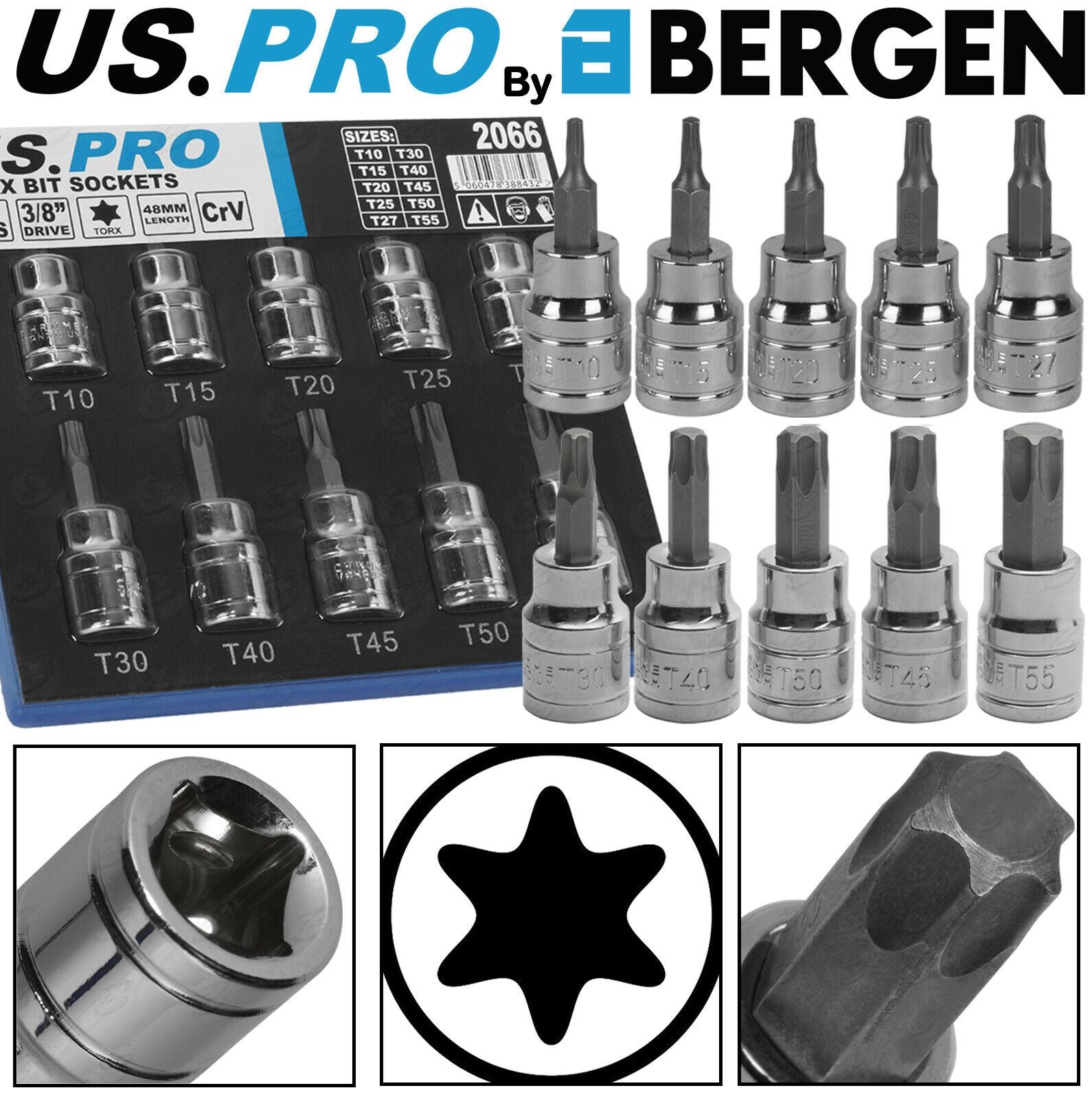 US PRO 10PCS 3/8" DRIVE TORX BIT SOCKETS T10 - T56