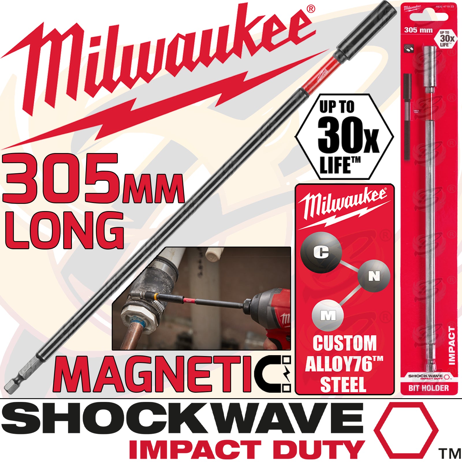 MILWAUKEE 305MM MAGNETIC BIT HOLDER ( SHOCKWAVE IMPACT DUTY )