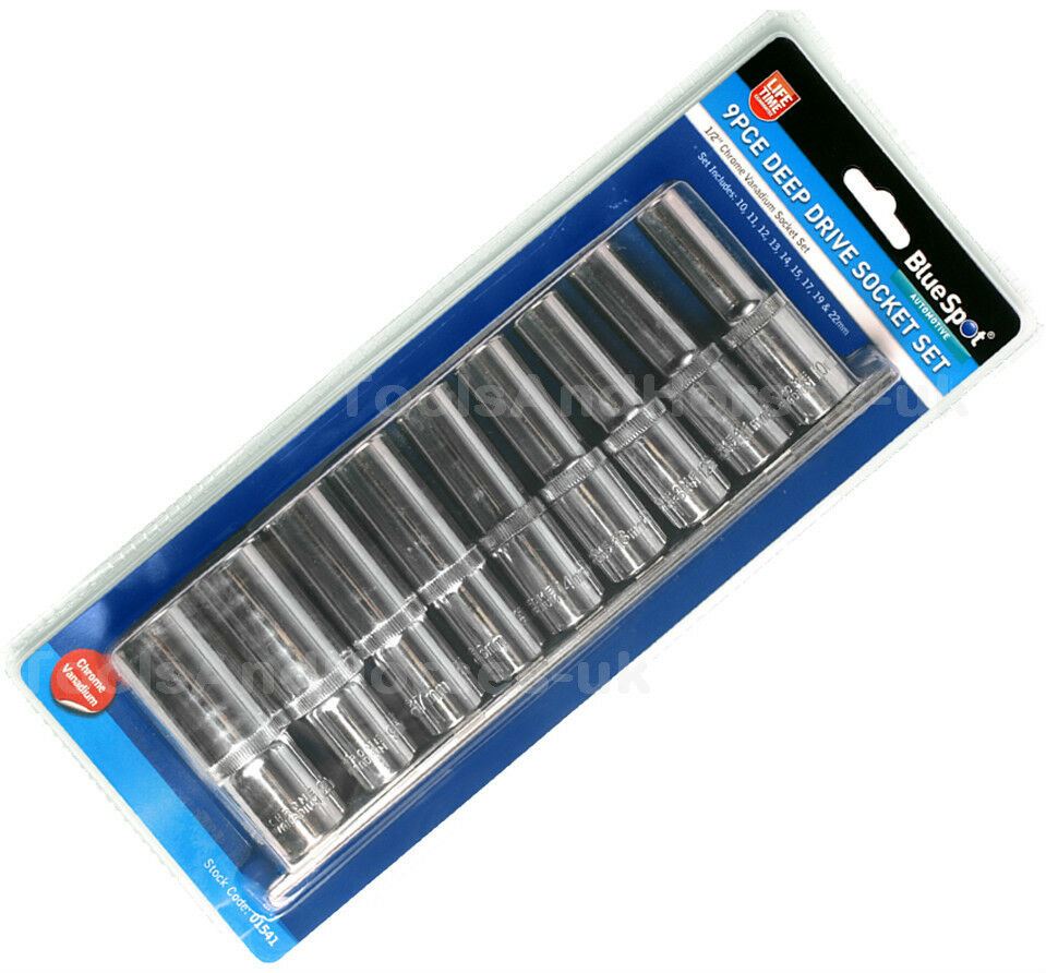 BLUESPOT 9PCS 1/2" DRIVE 6 POINT DEEP SOCKETS 10MM - 22MM