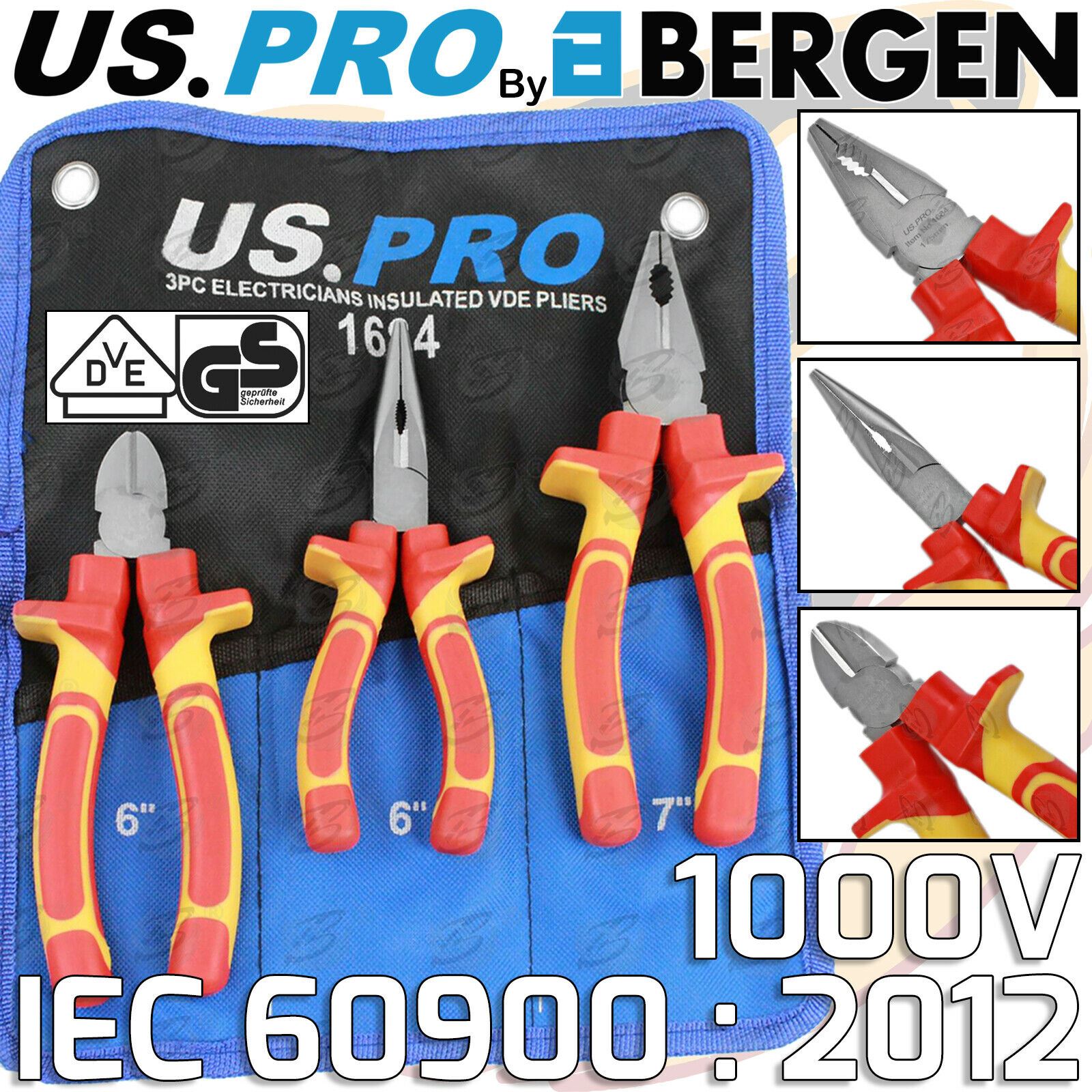 US PRO 3PCS VDE PLIER SET ( COMBI - CUTTERS - LONG NOSE )