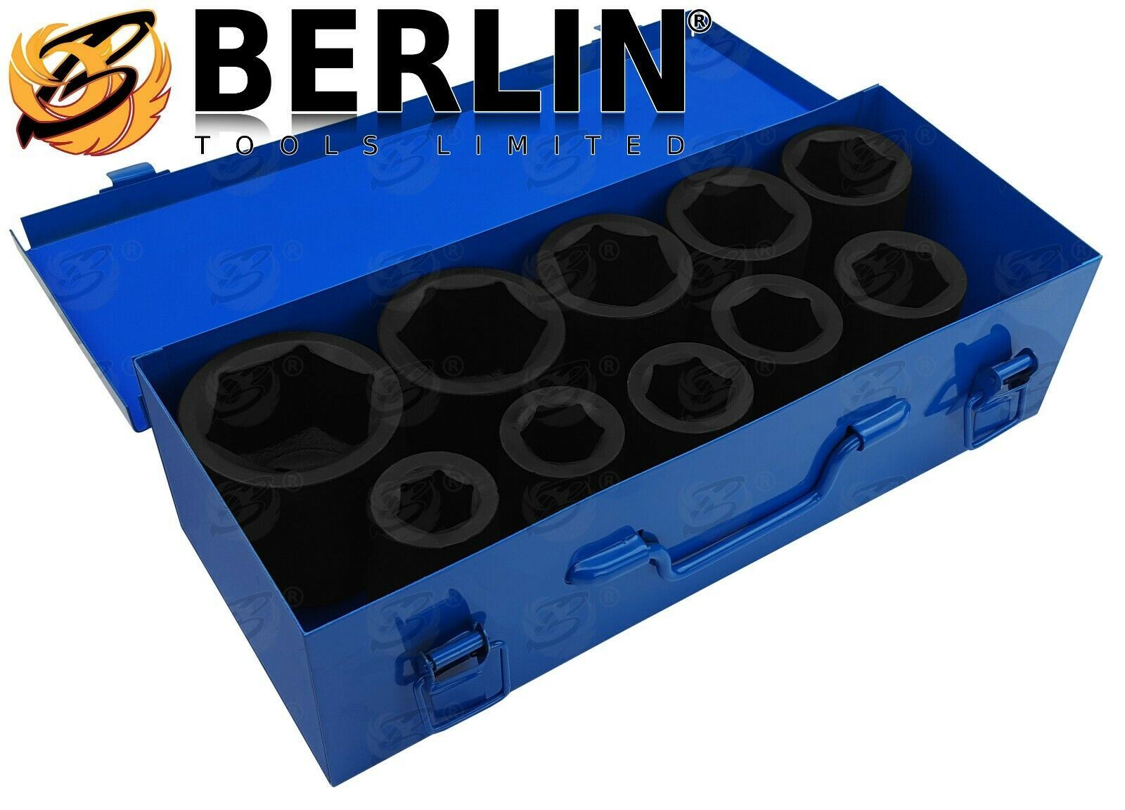 Front Of Blue Storage Tin Holding 10 Deep Impact sockets