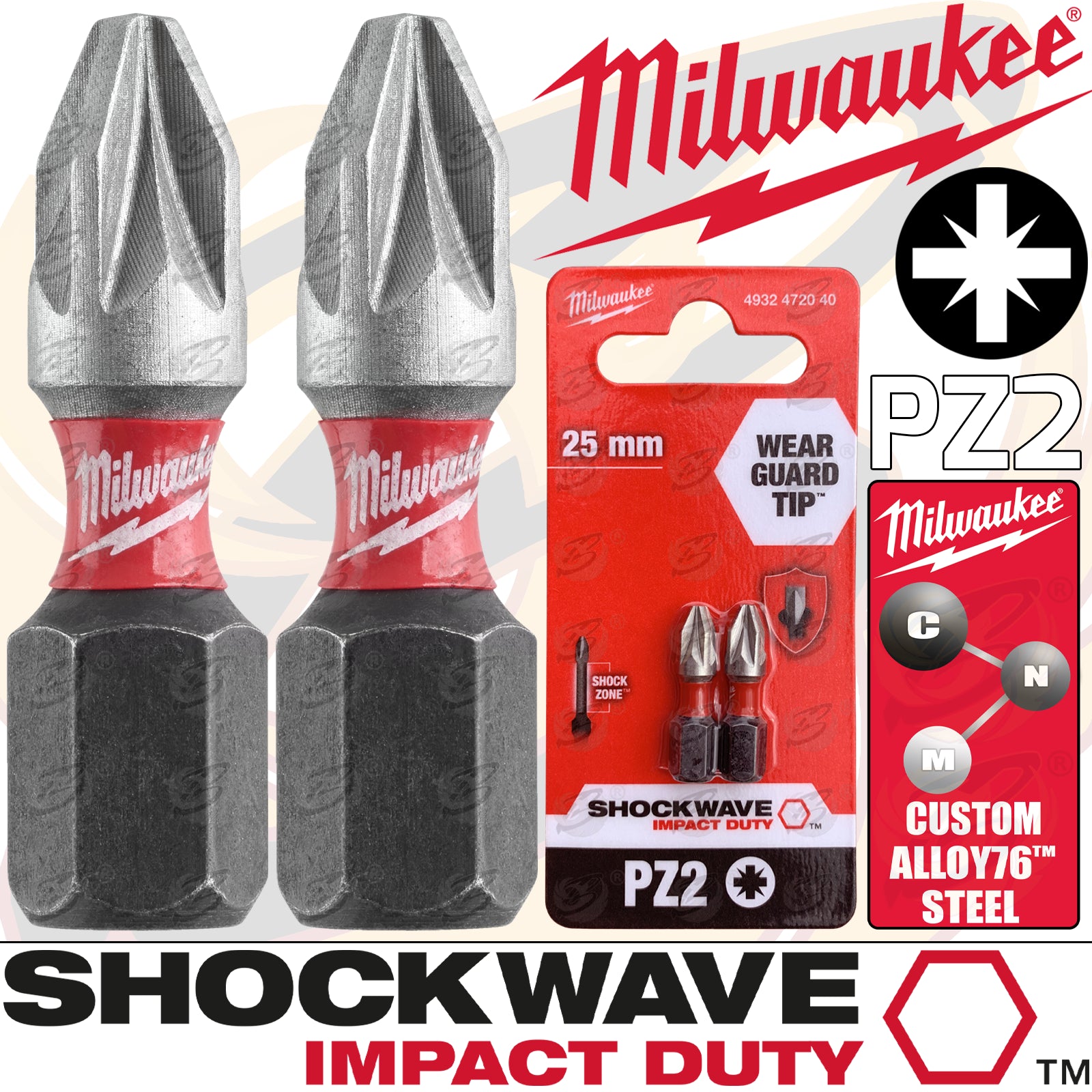 MILWAUKEE 2PCS x PZ2 x 25MM POZIDRIVE IMPACT DRILL / DRIVER BIT ( SHOCKWAVE IMPACT DUTY )