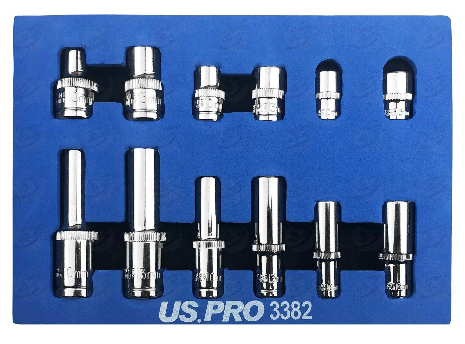 US PRO 12PCS 1/4" & 3/8" & 1/2" DRIVE 10MM & 13MM DEEP & SHALLOW 6 POINT SOCKETS