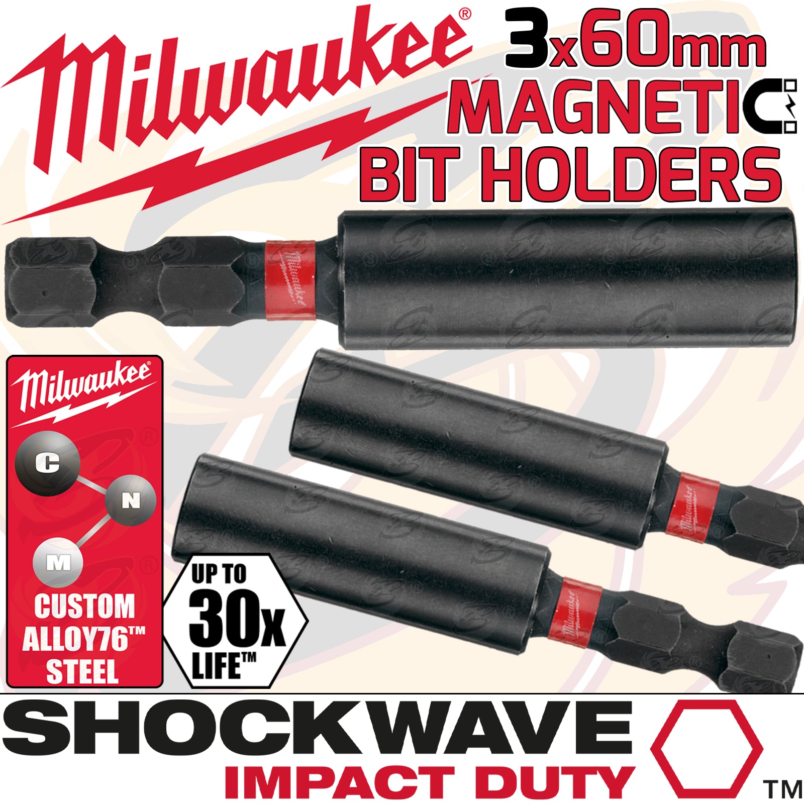 MILWAUKEE 60MM MAGNETIC BIT HOLDER ( SHOCKWAVE IMPACT DUTY ) ( X 3 )