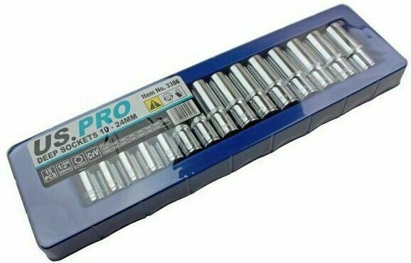 US PRO 15PCS 1/2" DRIVE 6 POINT DEEP SOCKETS 10MM - 24MM