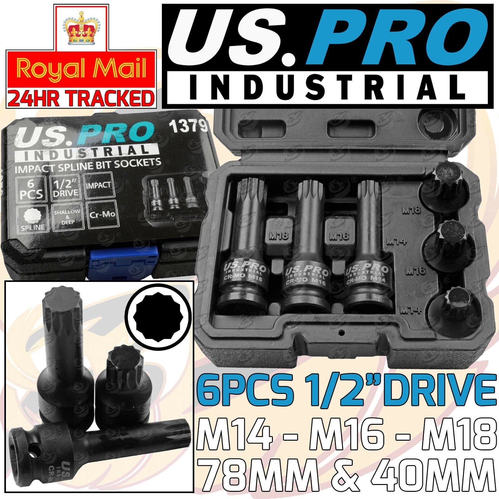 US PRO INDUSTRIAL 6PCS 1/2" DRIVE IMPACT SPLINE BIT SOCKETS M14 - M18
