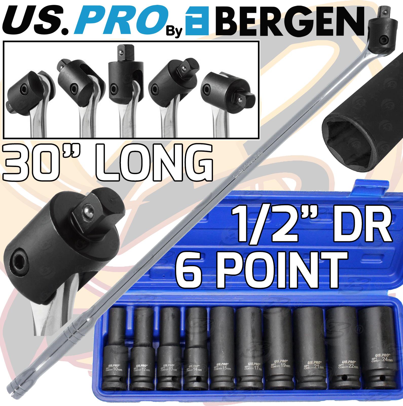 US.PRO By BERGEN 6 Point DEEP IMPACT Sockets & BREAKER BAR 1/2" Drive 30" Long Strong Arm